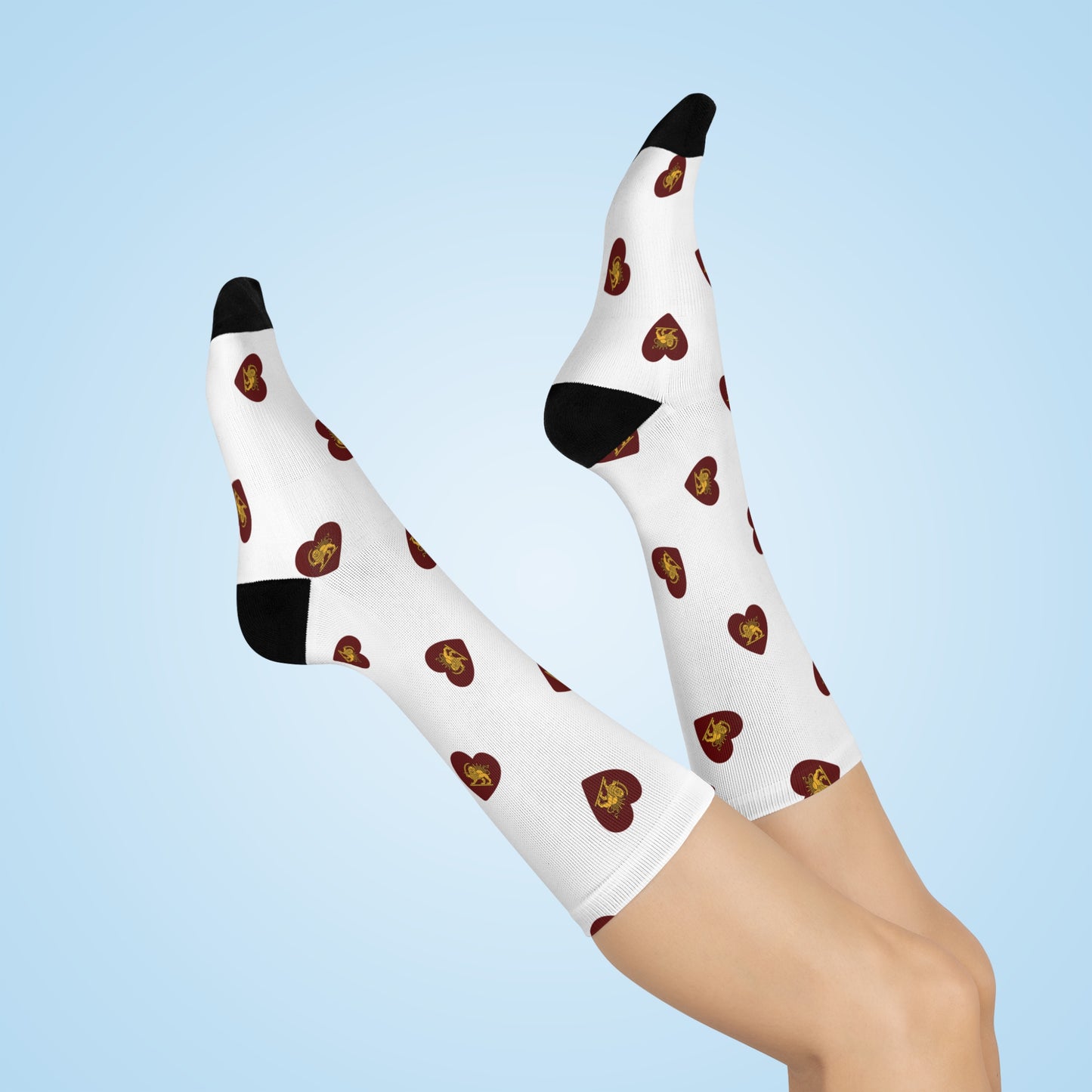 Heart Pattern Cushioned Crew Socks — Red Hearts with Golden Lion and Sun