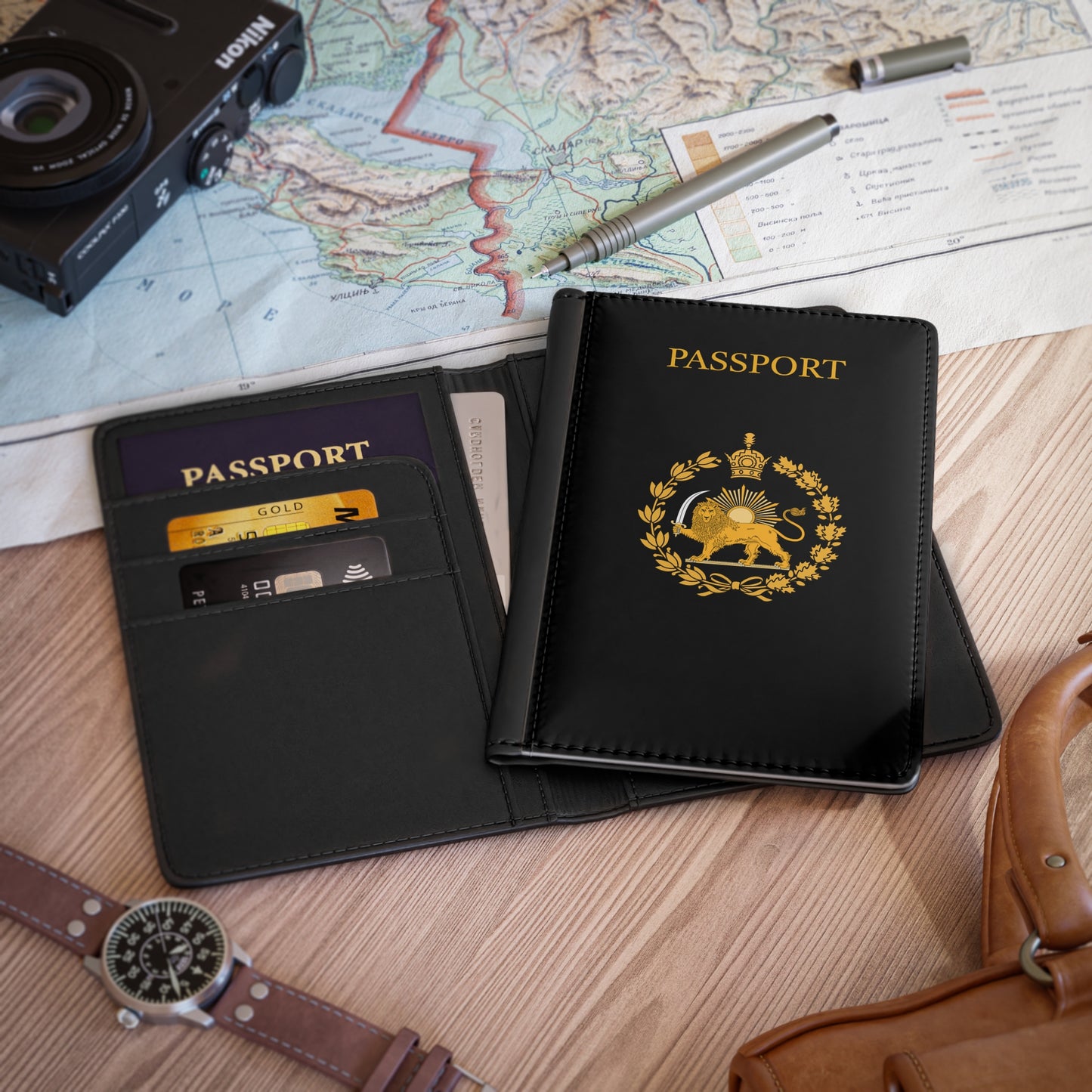 Vintage Iran Lion & Sun Gold Crest Leather Passport Cover