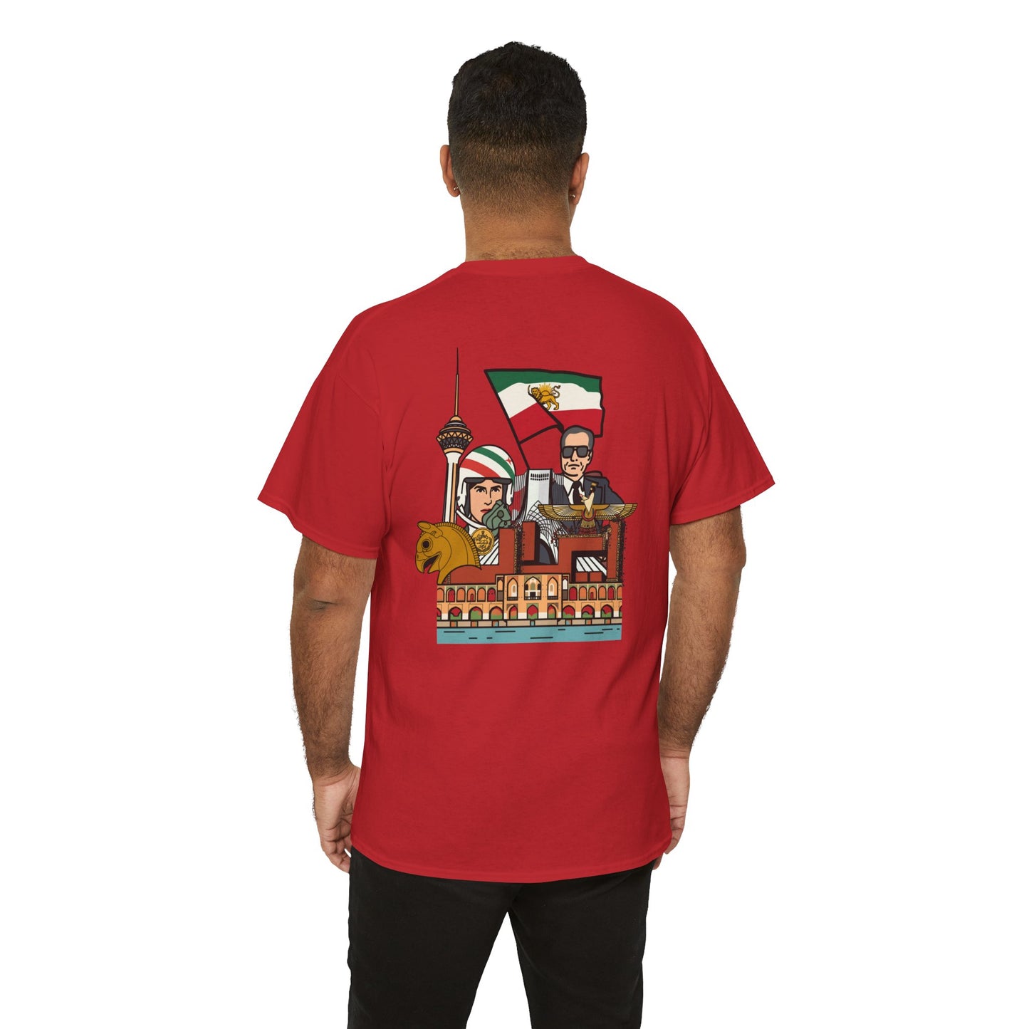 Iran Cute Chibi Style Collage Graphic Tee — Shah, Prince Reza Pahlavi & Iran Landmarks Travel T-Shirt