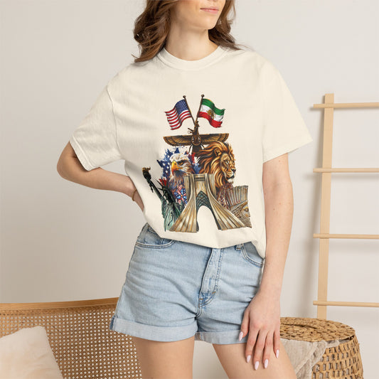 USA & Persia Collab T-Shirt - Cyrus the Great, Faravahar & Statue of Liberty Tee