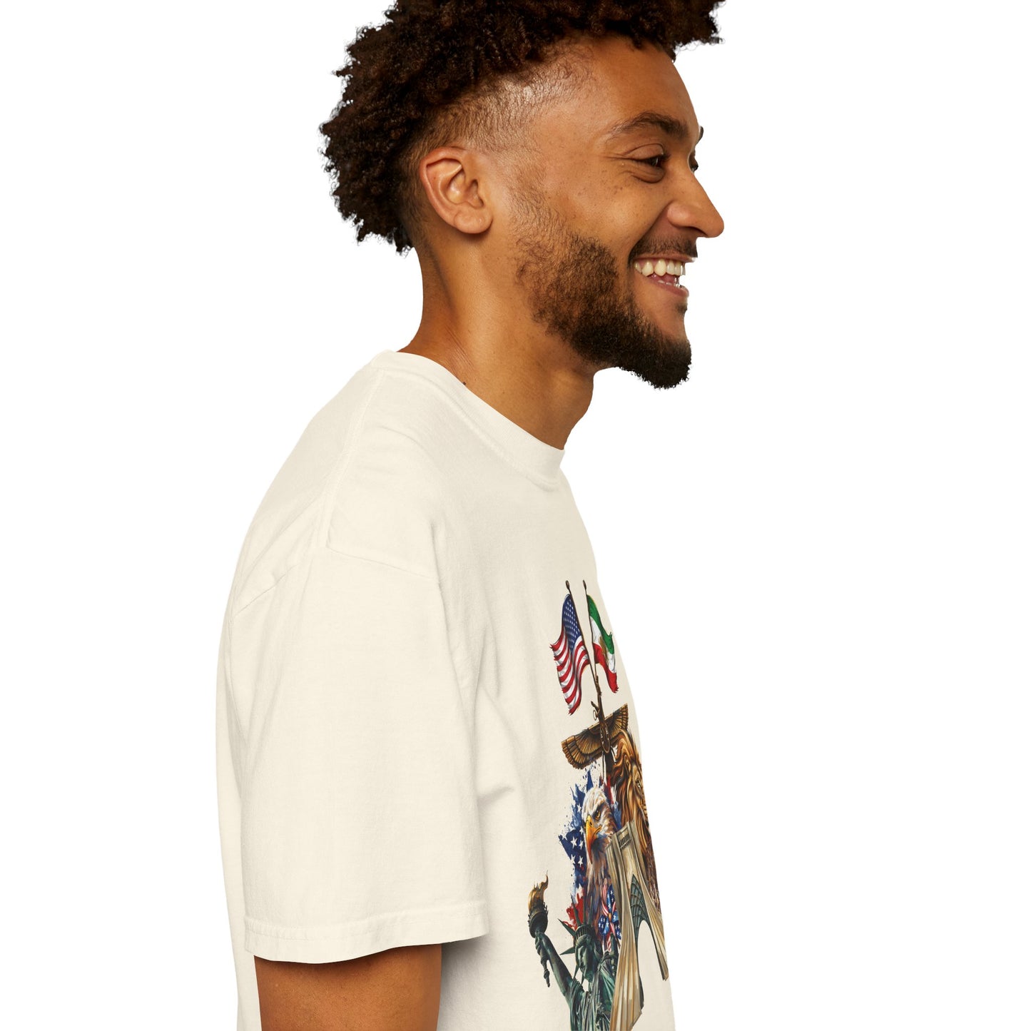 USA & Persia Collab T-Shirt - Cyrus the Great, Faravahar & Statue of Liberty Tee