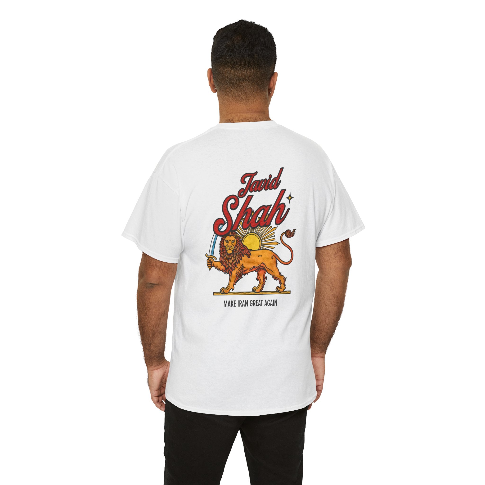 Pop Art "JAVIDSHAH" T-Shirt — Back "Javid Shah" with Lion & Sun, "MAKE IRAN GREAT AGAIN"