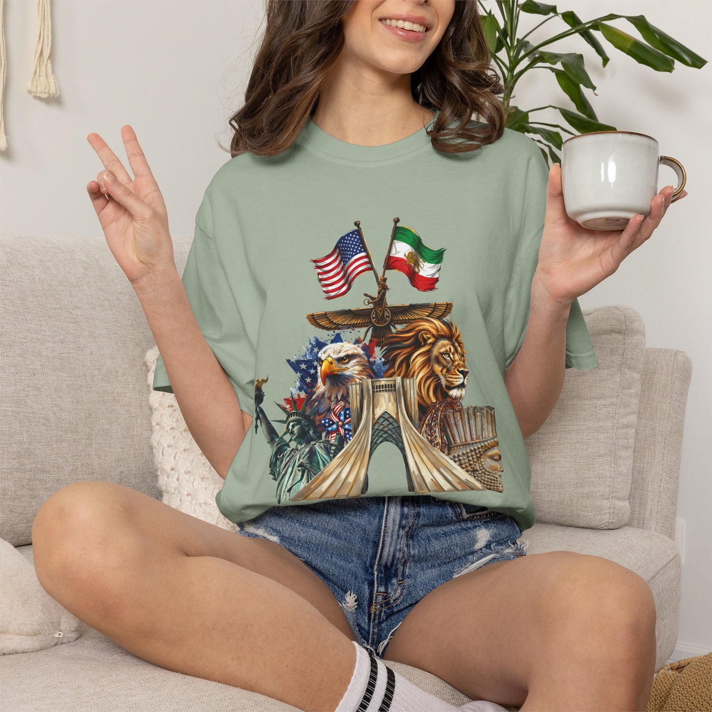USA & Persia Collab T-Shirt - Cyrus the Great, Faravahar & Statue of Liberty Tee