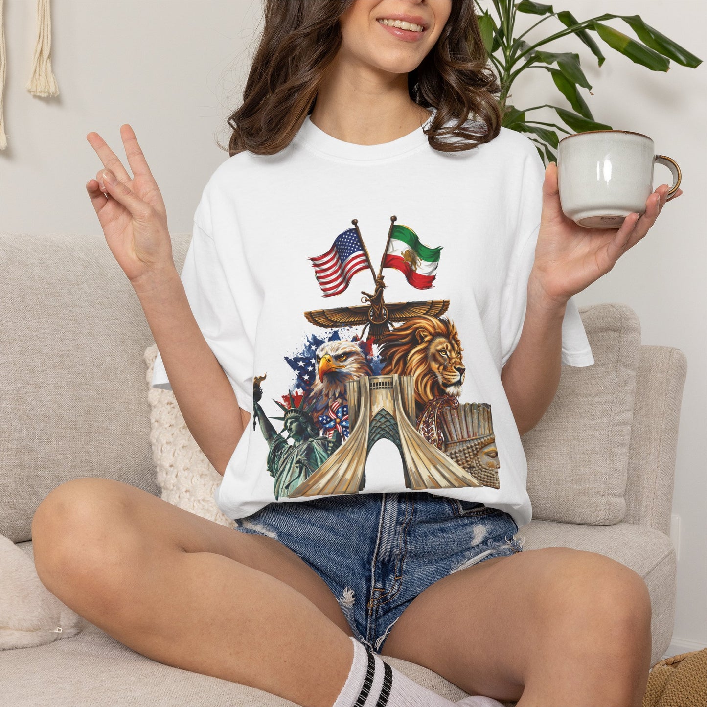 USA & Persia Collab T-Shirt - Cyrus the Great, Faravahar & Statue of Liberty Tee