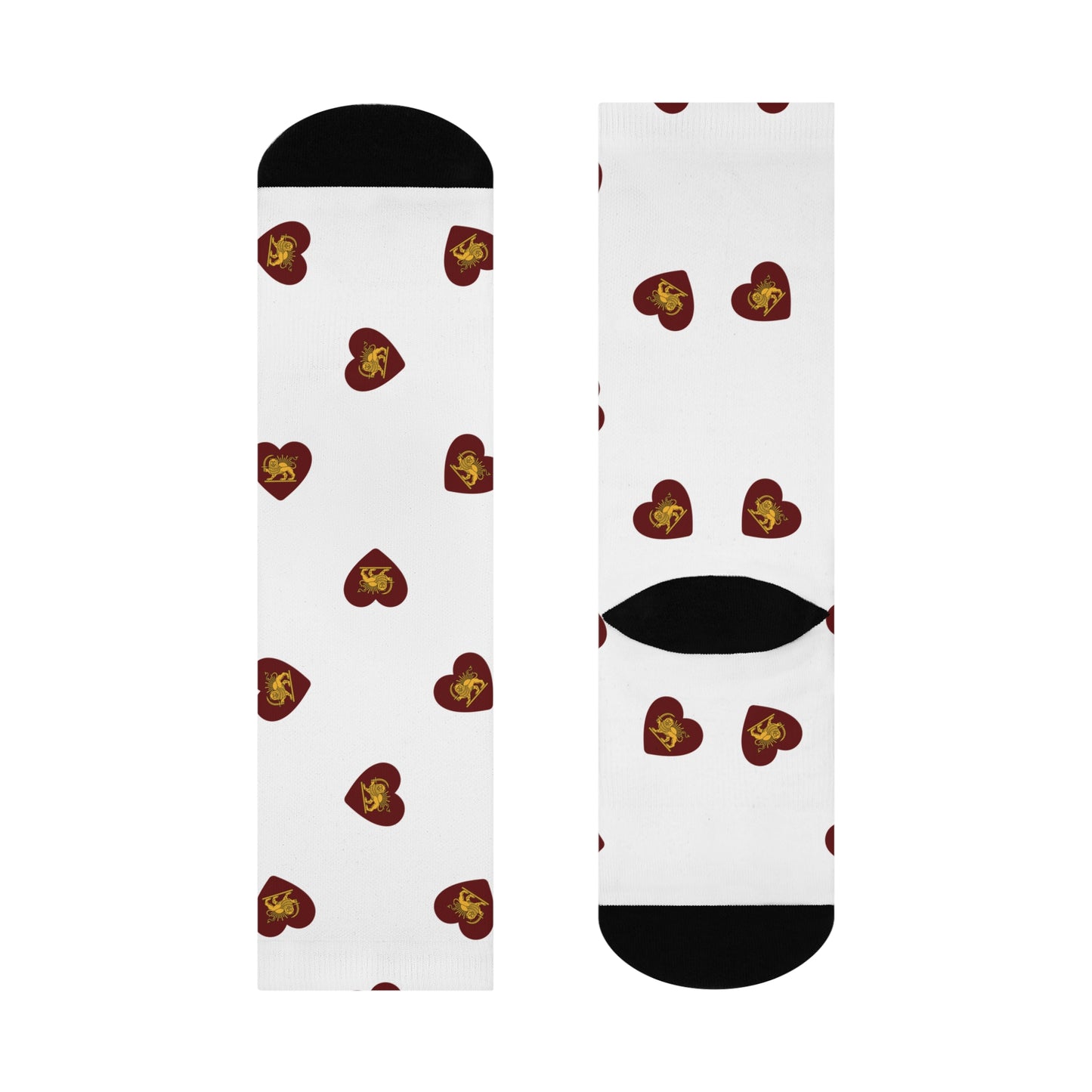 Heart Pattern Cushioned Crew Socks — Red Hearts with Golden Lion and Sun