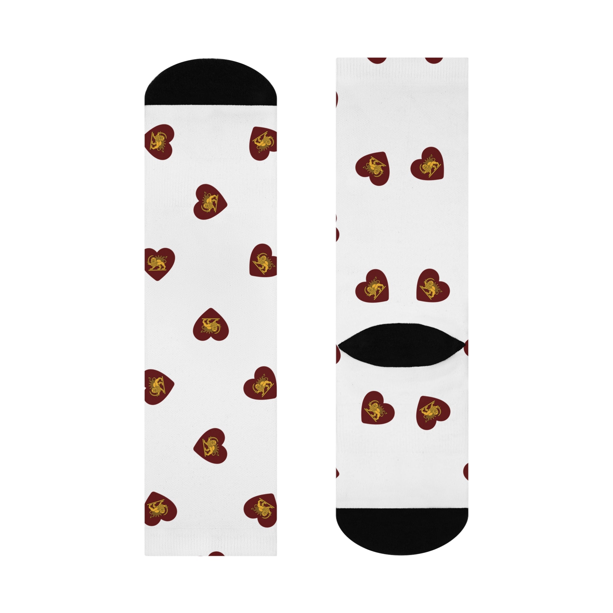 Heart Pattern Cushioned Crew Socks — Red Hearts with Golden Lion and Sun