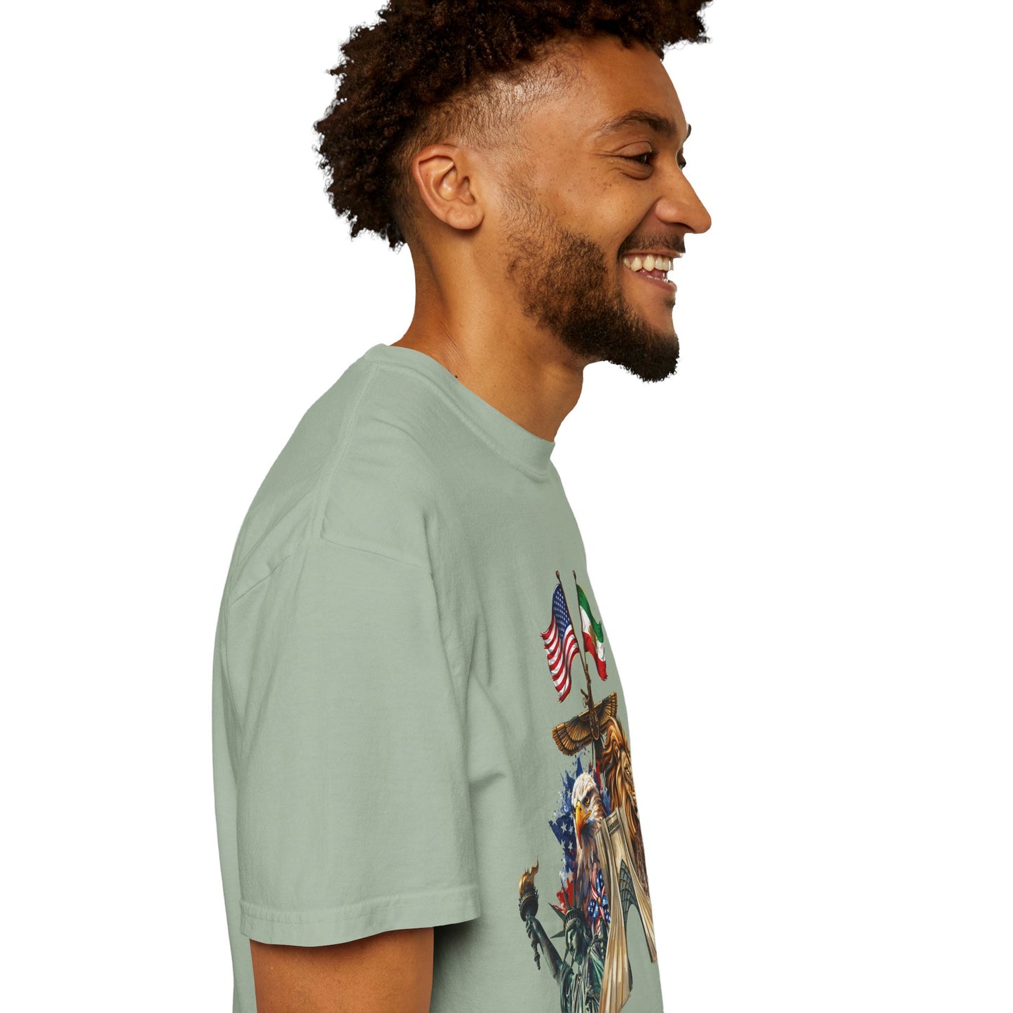 USA & Persia Collab T-Shirt - Cyrus the Great, Faravahar & Statue of Liberty Tee