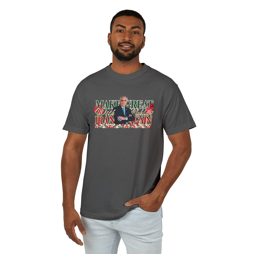 'Make Iran Great Again with Pahlavi' Floral Graphic Tee — Prince Reza Pahlavi Portrait T-Shirt