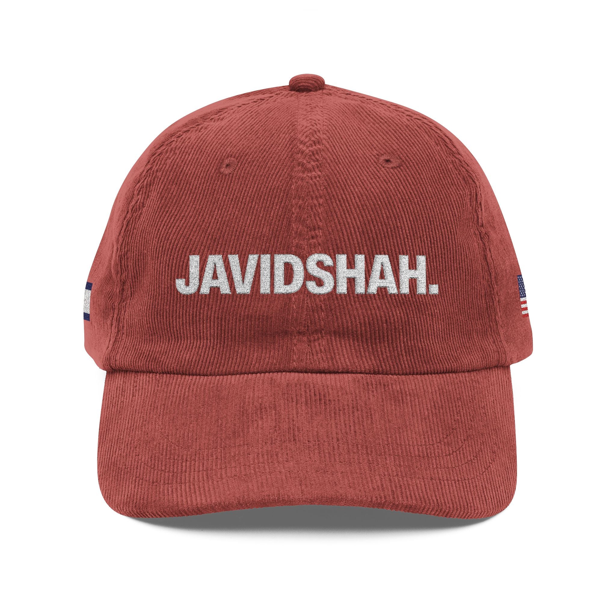 Vintage Corduroy Cap — Embroidered 'JAVIDSHAH.' Front with Retro Iranian Flag Patch