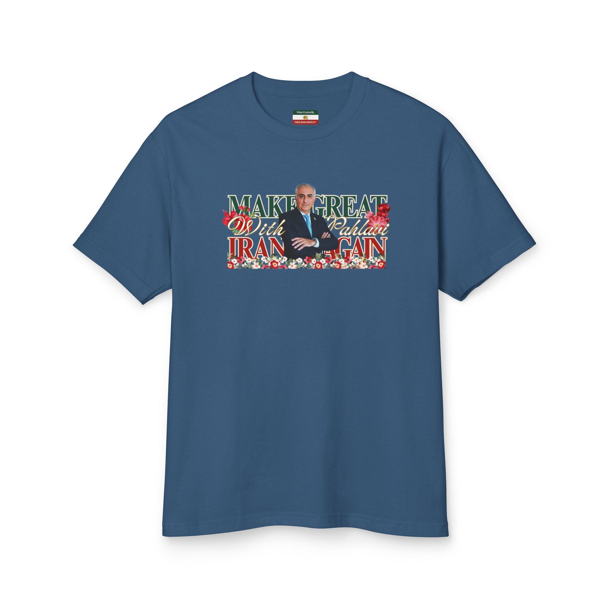 'Make Iran Great Again with Pahlavi' Floral Graphic Tee — Prince Reza Pahlavi Portrait T-Shirt