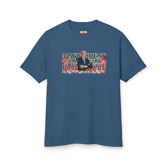 'Make Iran Great Again with Pahlavi' Floral Graphic Tee — Prince Reza Pahlavi Portrait T-Shirt