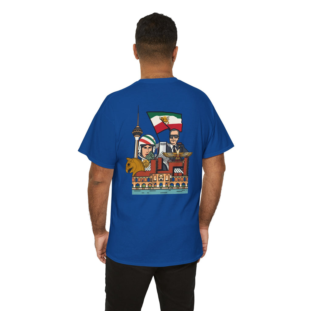 Iran Cute Chibi Style Collage Graphic Tee — Shah, Prince Reza Pahlavi & Iran Landmarks Travel T-Shirt