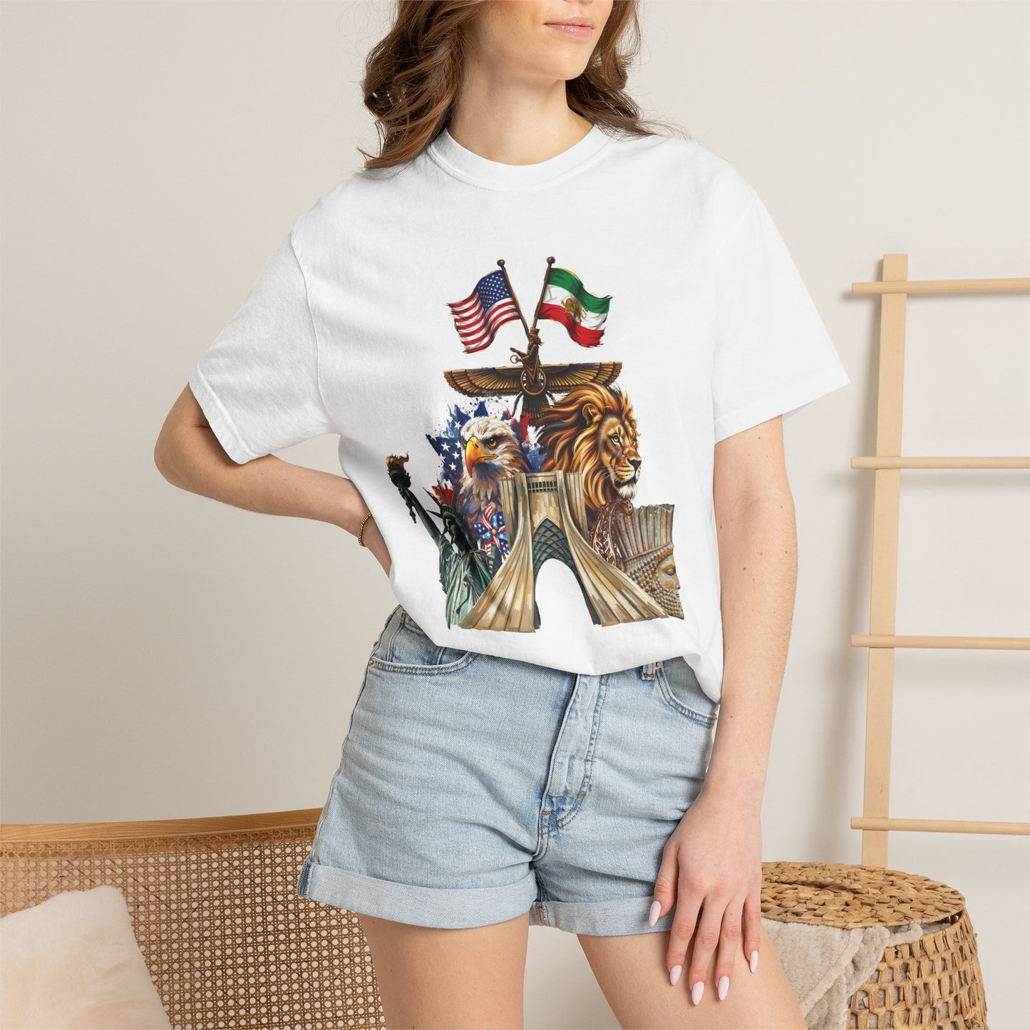 USA & Persia Collab T-Shirt - Cyrus the Great, Faravahar & Statue of Liberty Tee