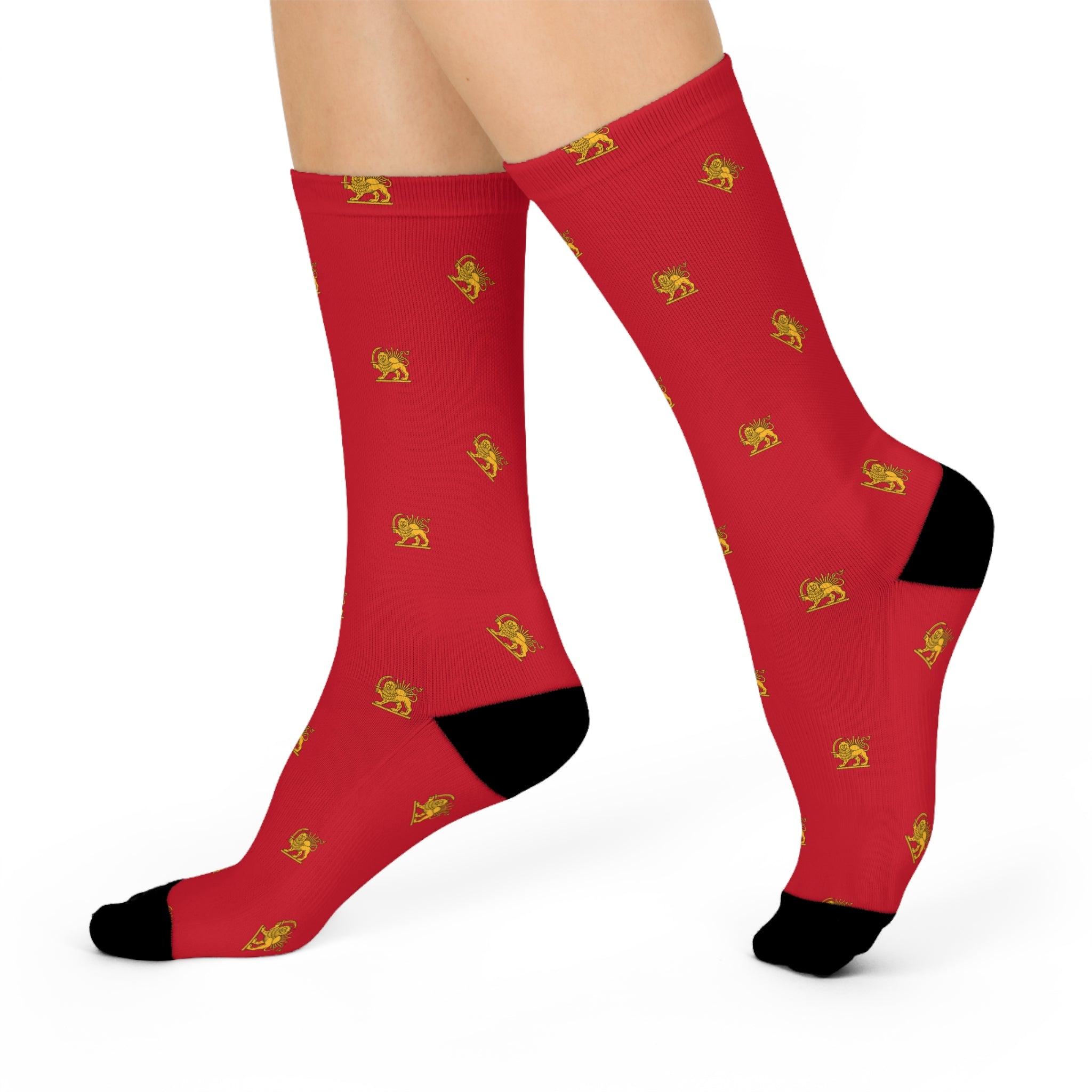 Red Crew Socks with Gold Lion and Sun Pattern — Cushioned Comfort