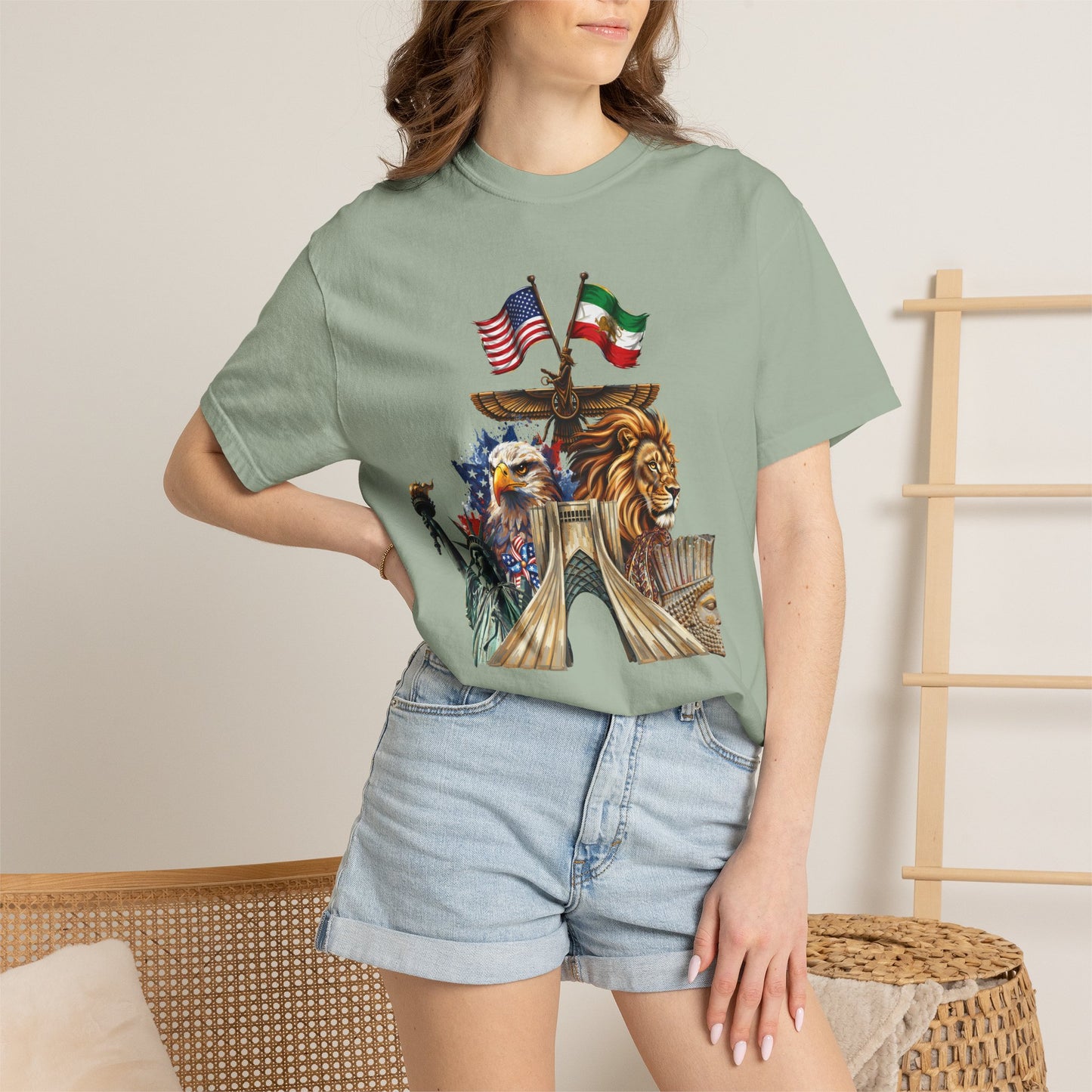 USA & Persia Collab T-Shirt - Cyrus the Great, Faravahar & Statue of Liberty Tee