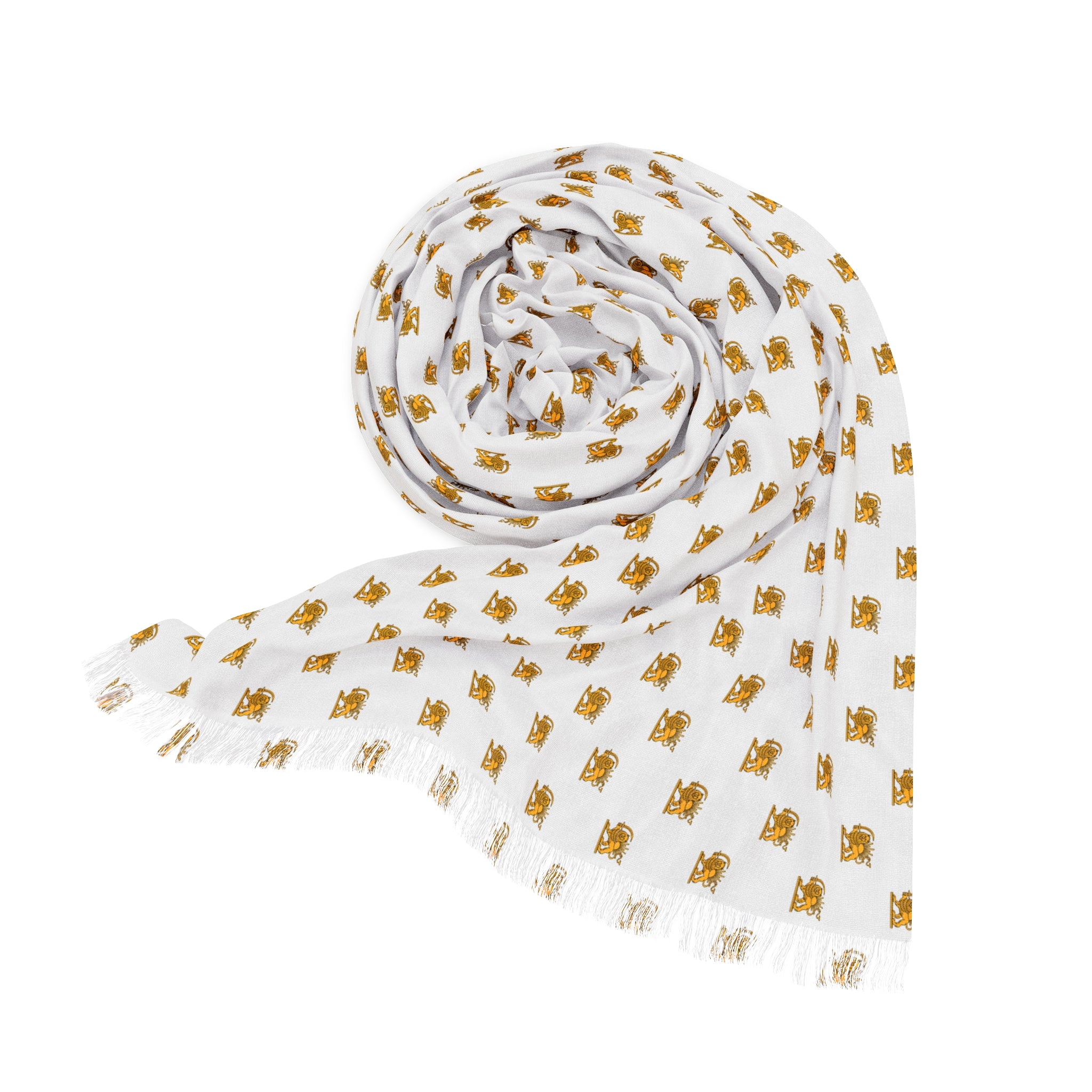 Gold Lion and Sun Lightweight White Scarf — Elegant Iranian Monarchy Scarf