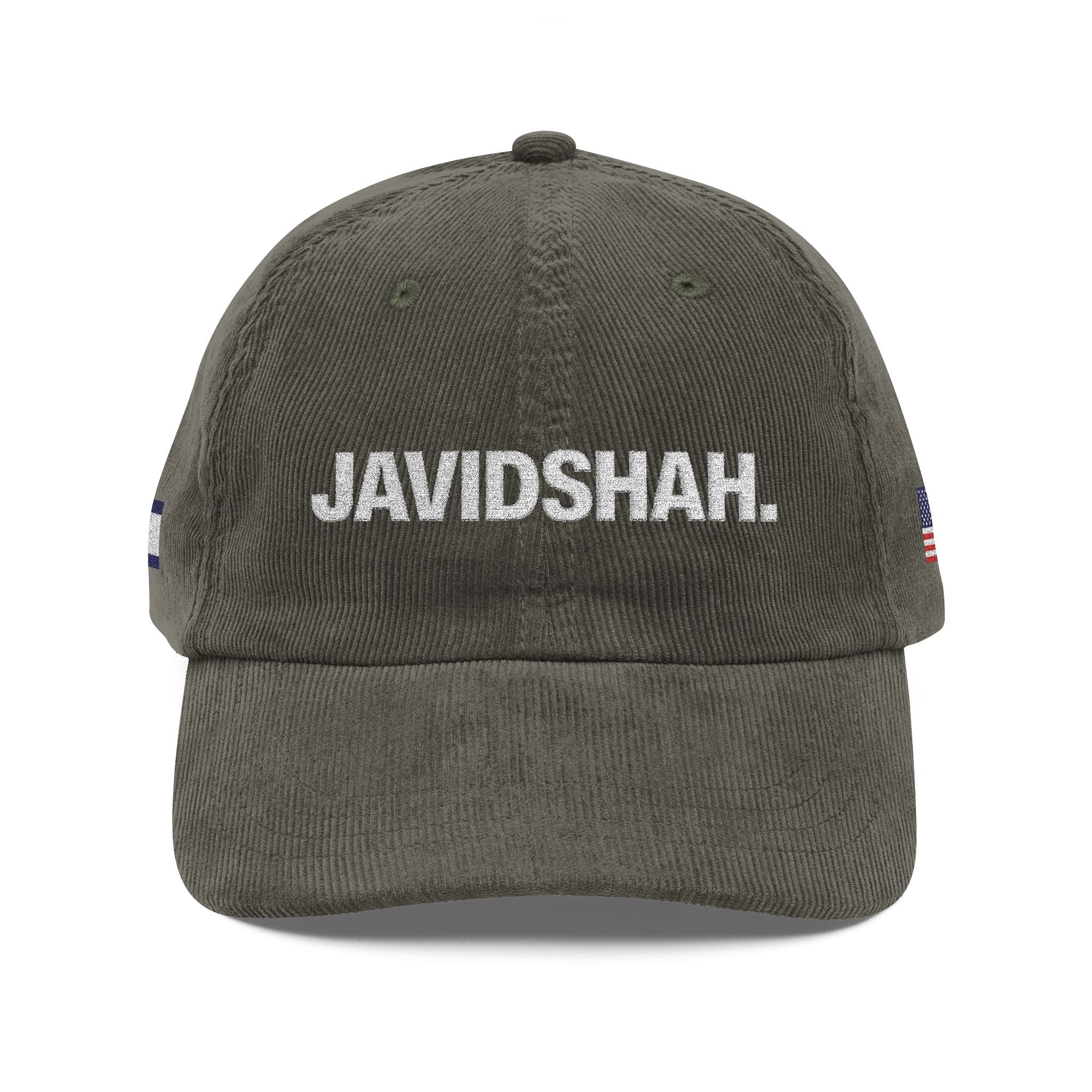 Vintage Corduroy Cap — Embroidered 'JAVIDSHAH.' Front with Retro Iranian Flag Patch