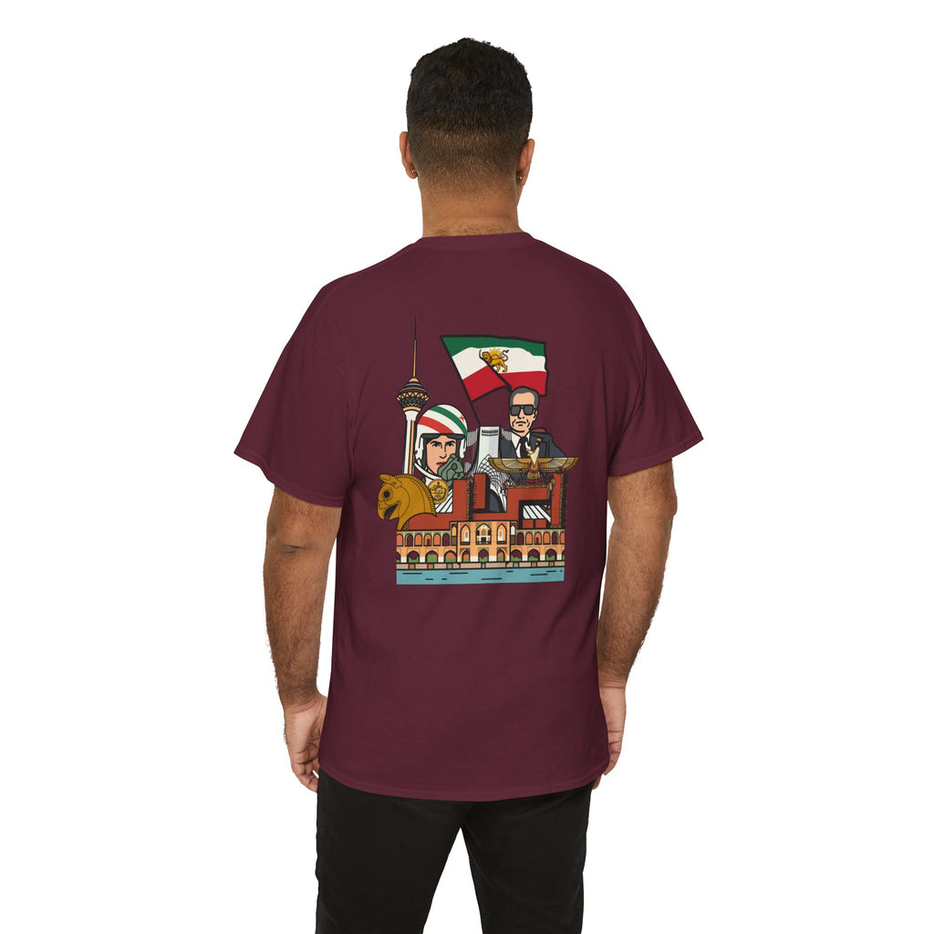 Iran Cute Chibi Style Collage Graphic Tee — Shah, Prince Reza Pahlavi & Iran Landmarks Travel T-Shirt