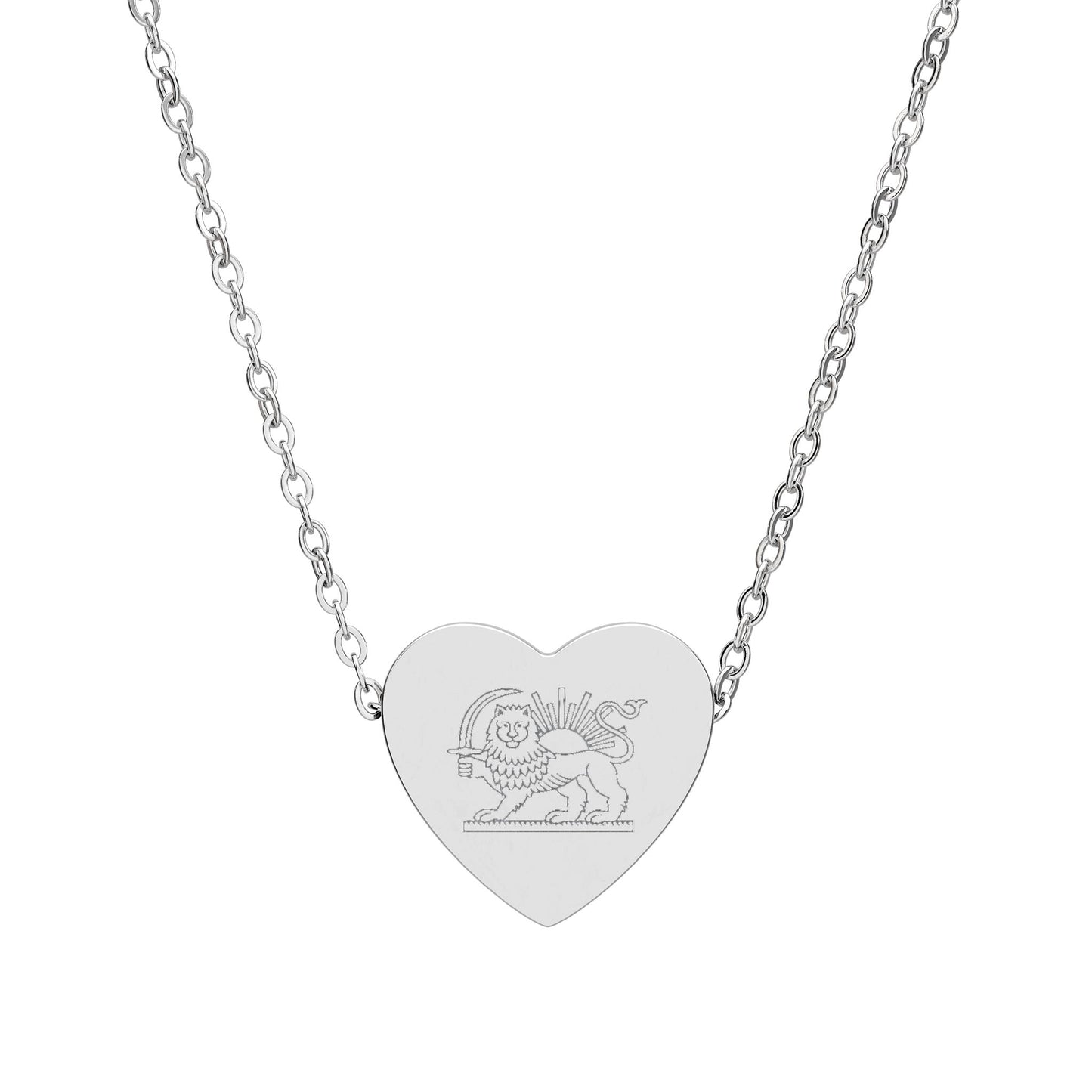Engraved Lion and Sun Heart Necklace — Iran Monarchy Pendant (Silver & Rose Gold)