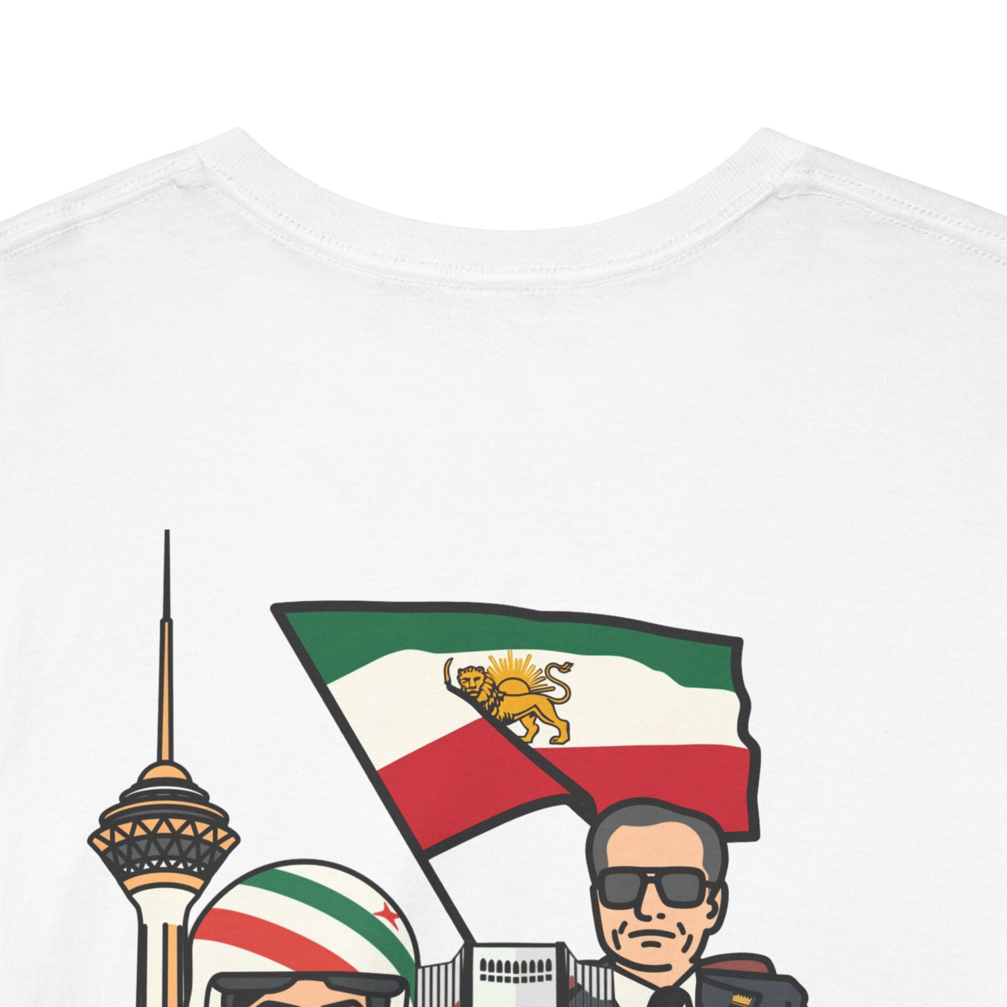 Iran Cute Chibi Style Collage Graphic Tee — Shah, Prince Reza Pahlavi & Iran Landmarks Travel T-Shirt
