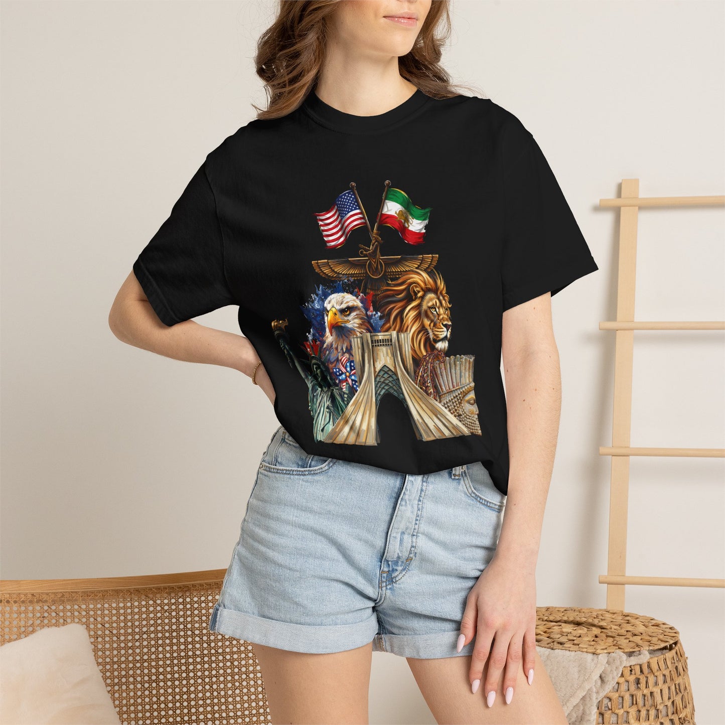 USA & Persia Collab T-Shirt - Cyrus the Great, Faravahar & Statue of Liberty Tee