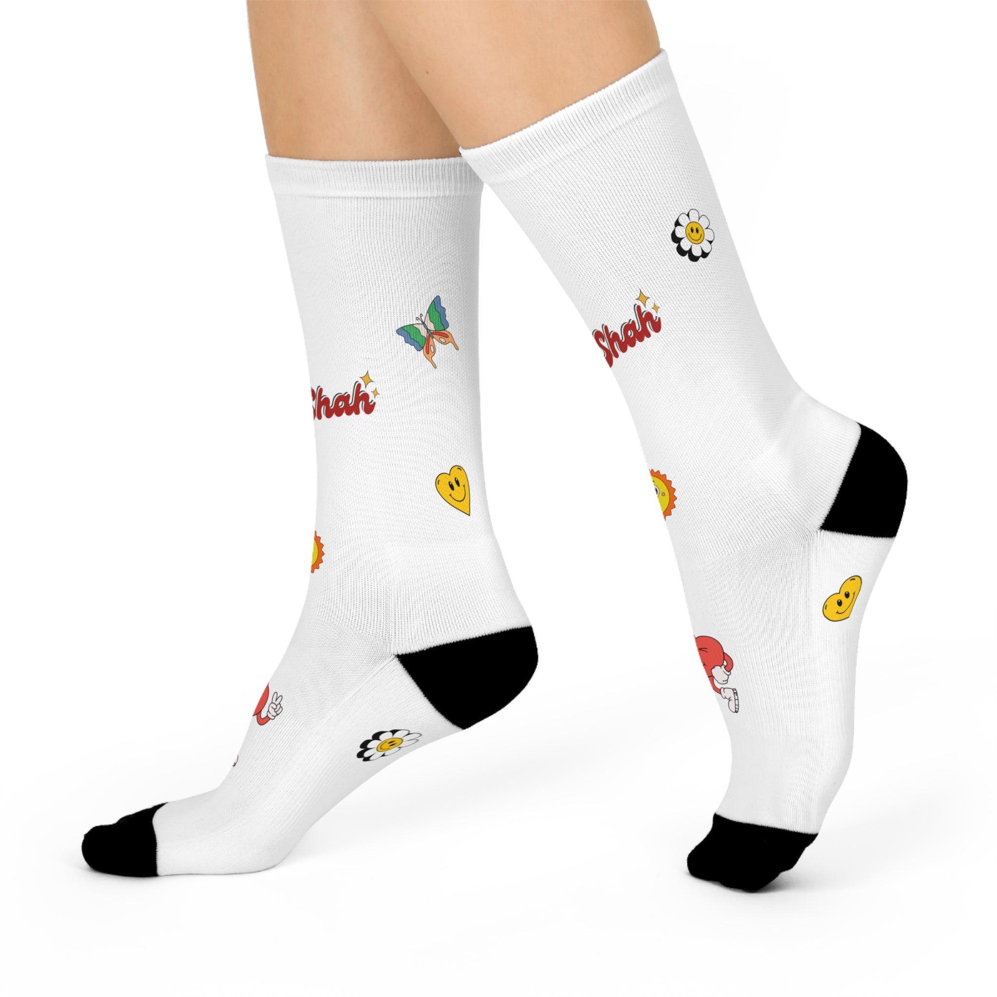 Cushioned Crew Socks — Playful Emoji & 'JavidShah' Pattern Casual Socks