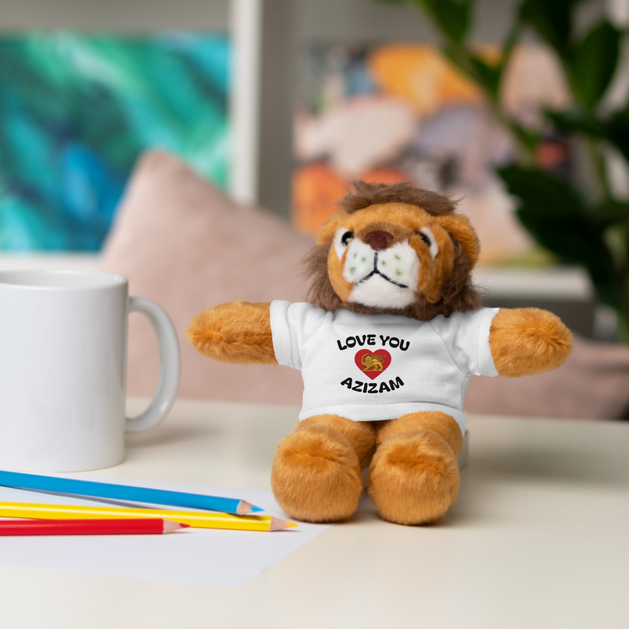Plush Lion with "Love You Azizam" Tee — Red Heart with Lion & Sun Cute Gift