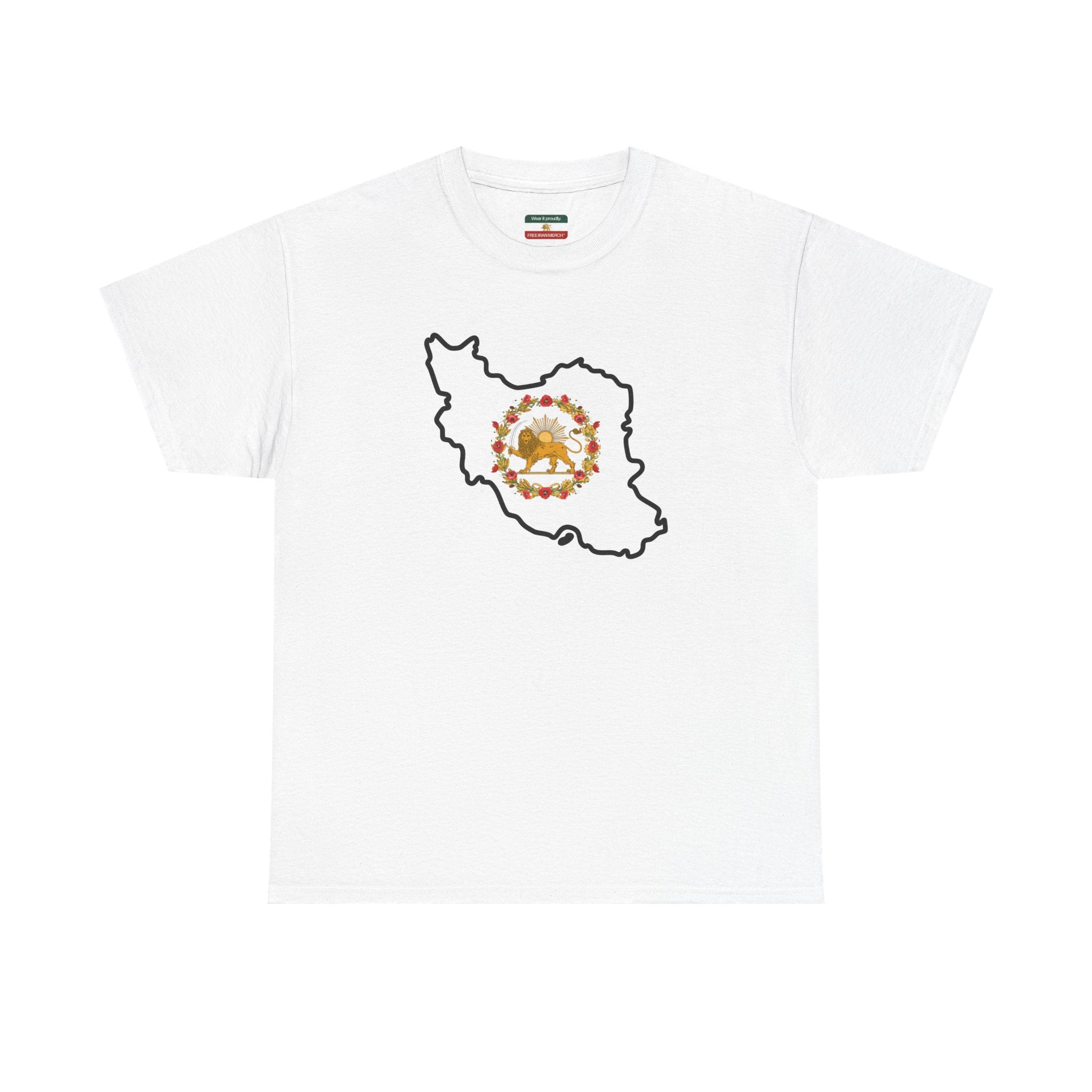 Iran Map T‑Shirt with Lion & Sun Monarchy Crest Floral Design
