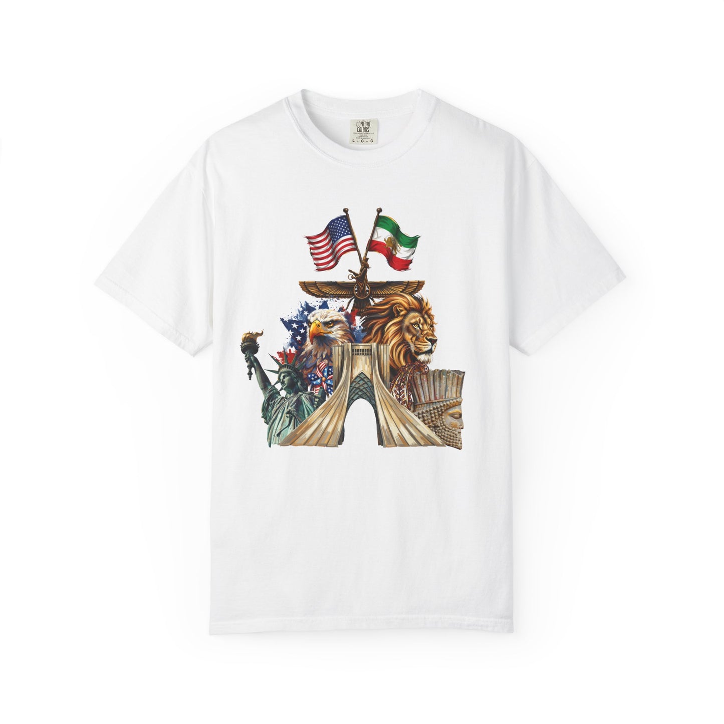 USA & Persia Collab T-Shirt - Cyrus the Great, Faravahar & Statue of Liberty Tee