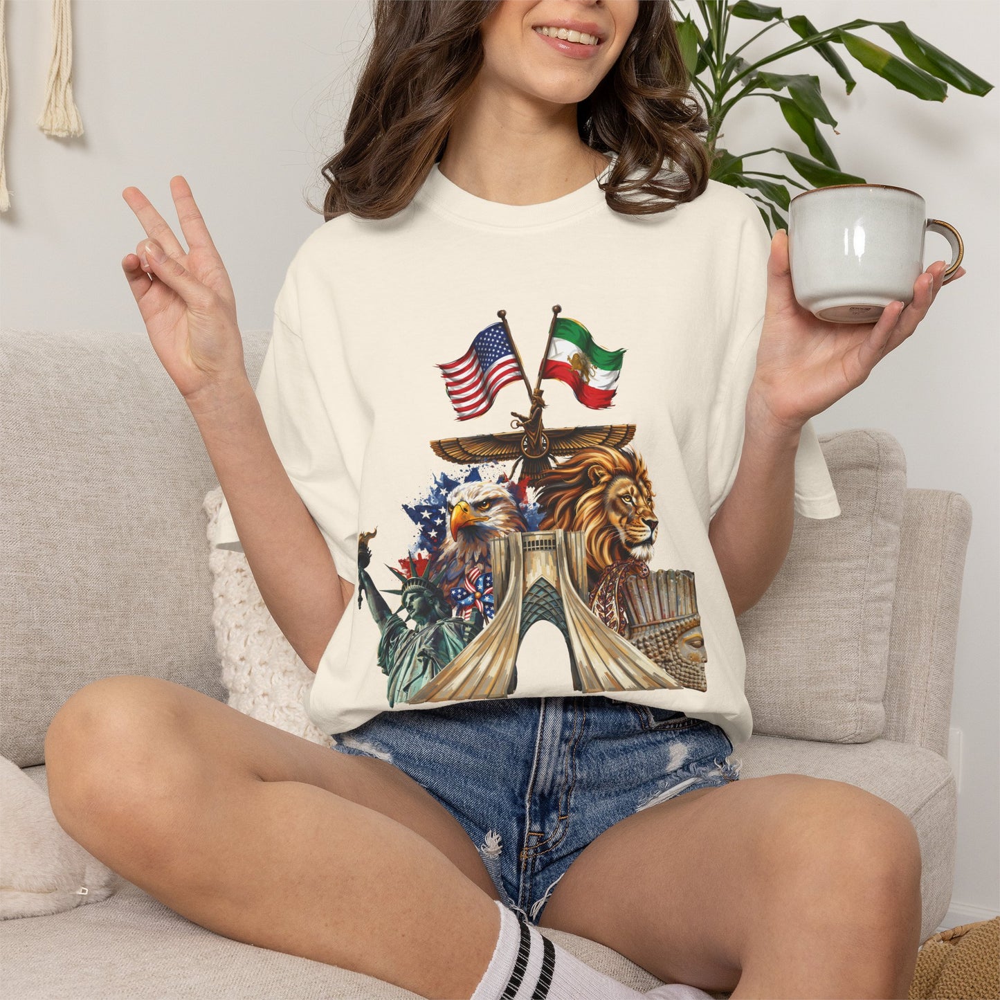 USA & Persia Collab T-Shirt - Cyrus the Great, Faravahar & Statue of Liberty Tee