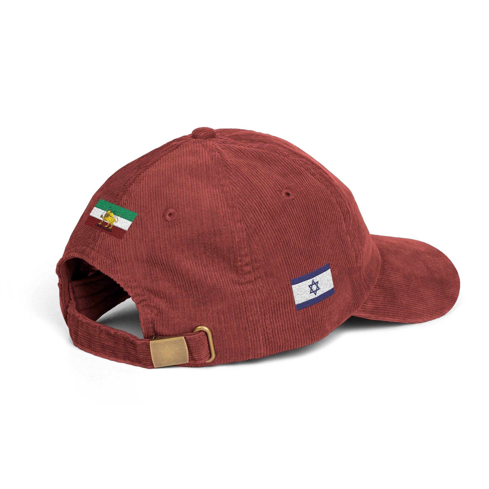 Vintage Corduroy Cap — Embroidered 'JAVIDSHAH.' Front with Retro Iranian Flag Patch