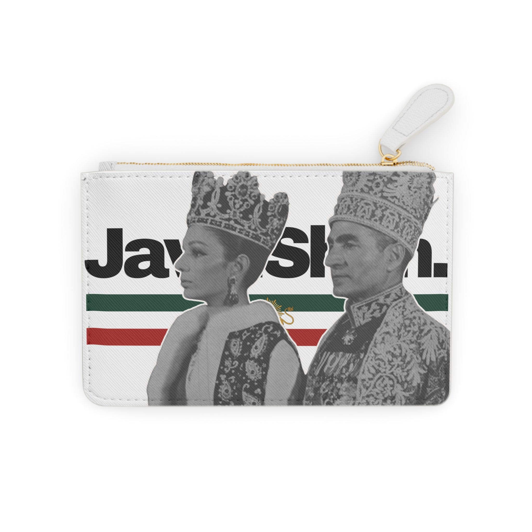 'JavidShah' Mini Clutch Bag — Vintage Iran Monarchy Portraits with Heart Lion & Sun Pattern Wallet