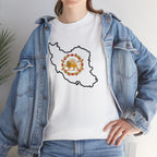 Iran Map T‑Shirt with Lion & Sun Monarchy Crest Floral Design