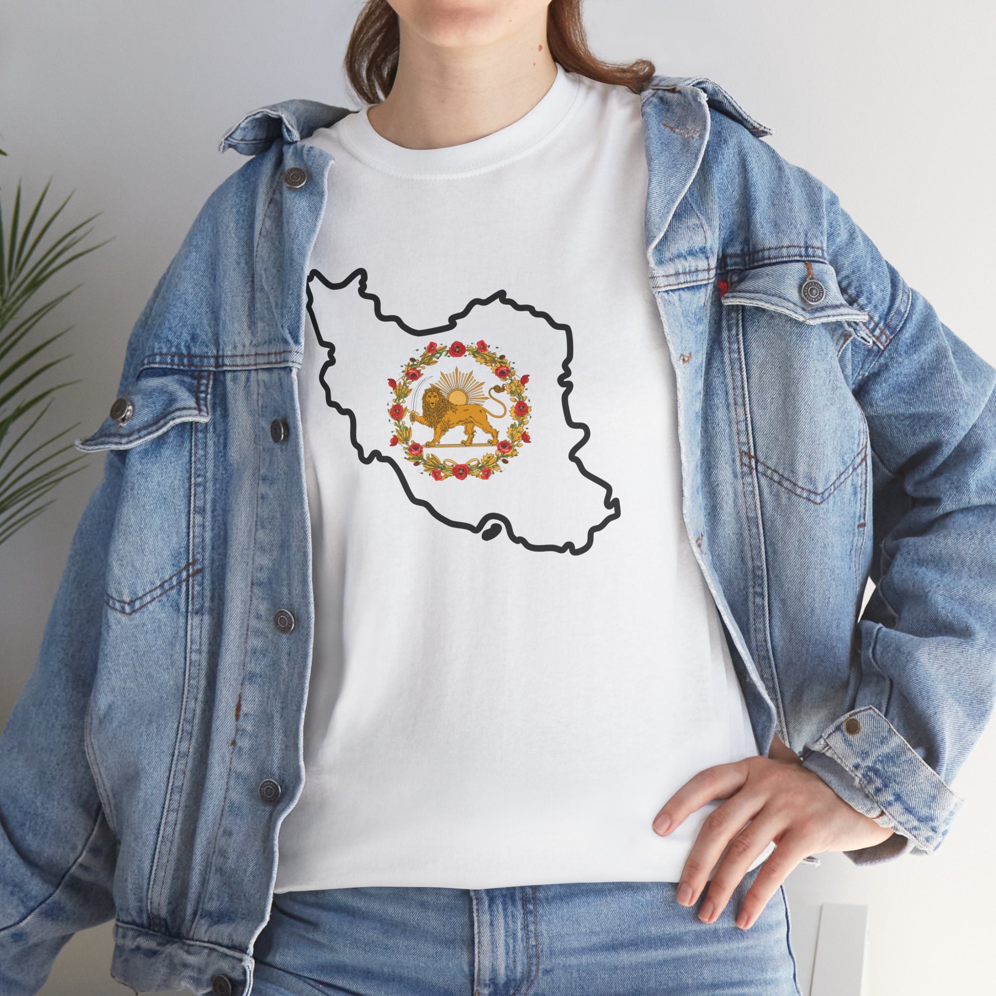 Iran Map T‑Shirt with Lion & Sun Monarchy Crest Floral Design