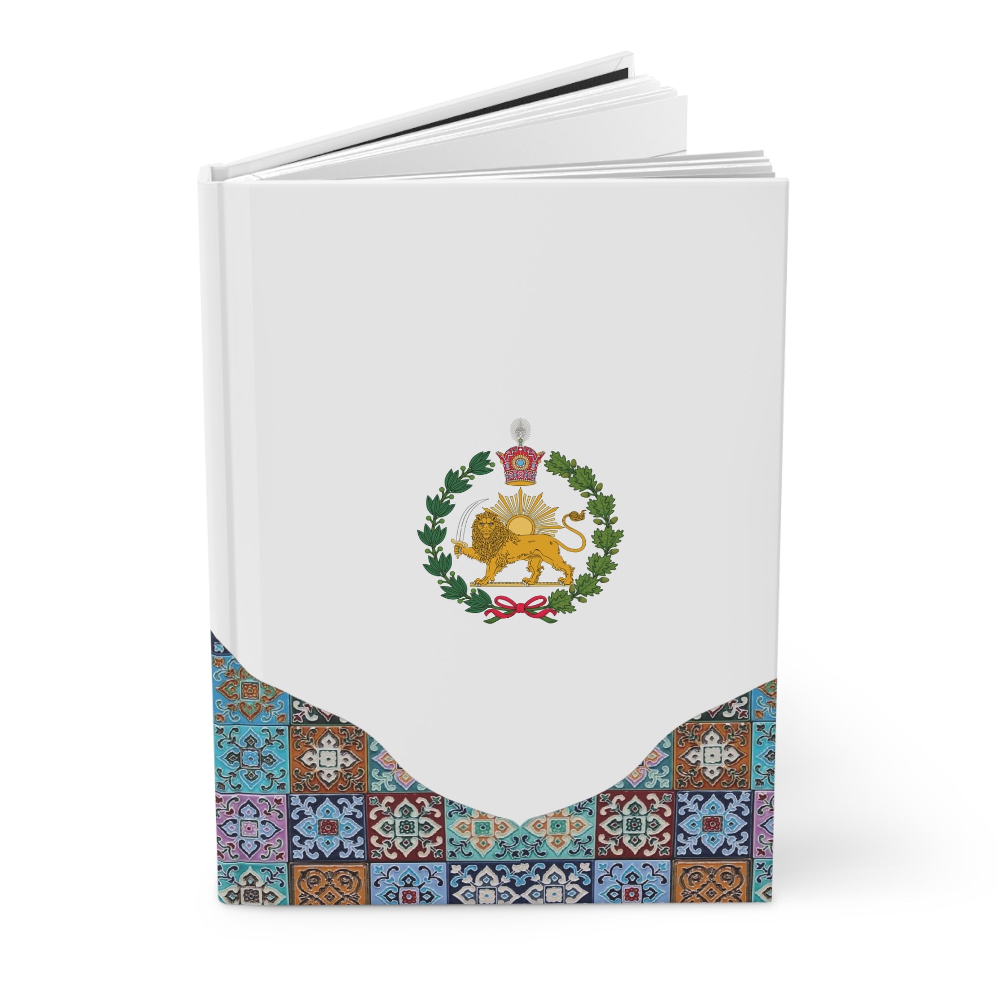 Iran Monarchy Crest with Lion & Sun Crest Hardcover Journal — Decorative Persian Tile Pattern Notebook