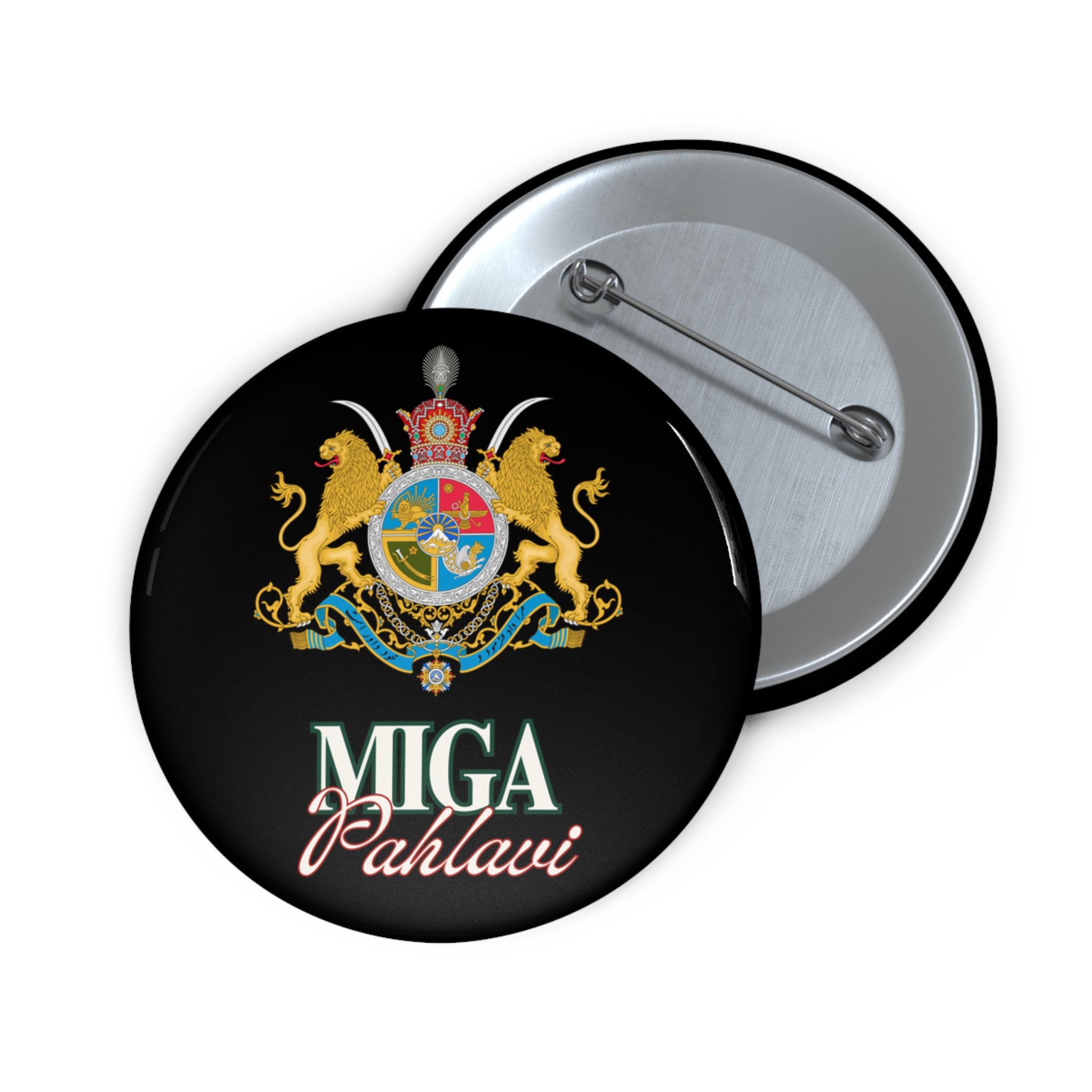 'MIGA Pahlavi' Crest Pin Button — Vintage Royal Emblem Jacket Badge