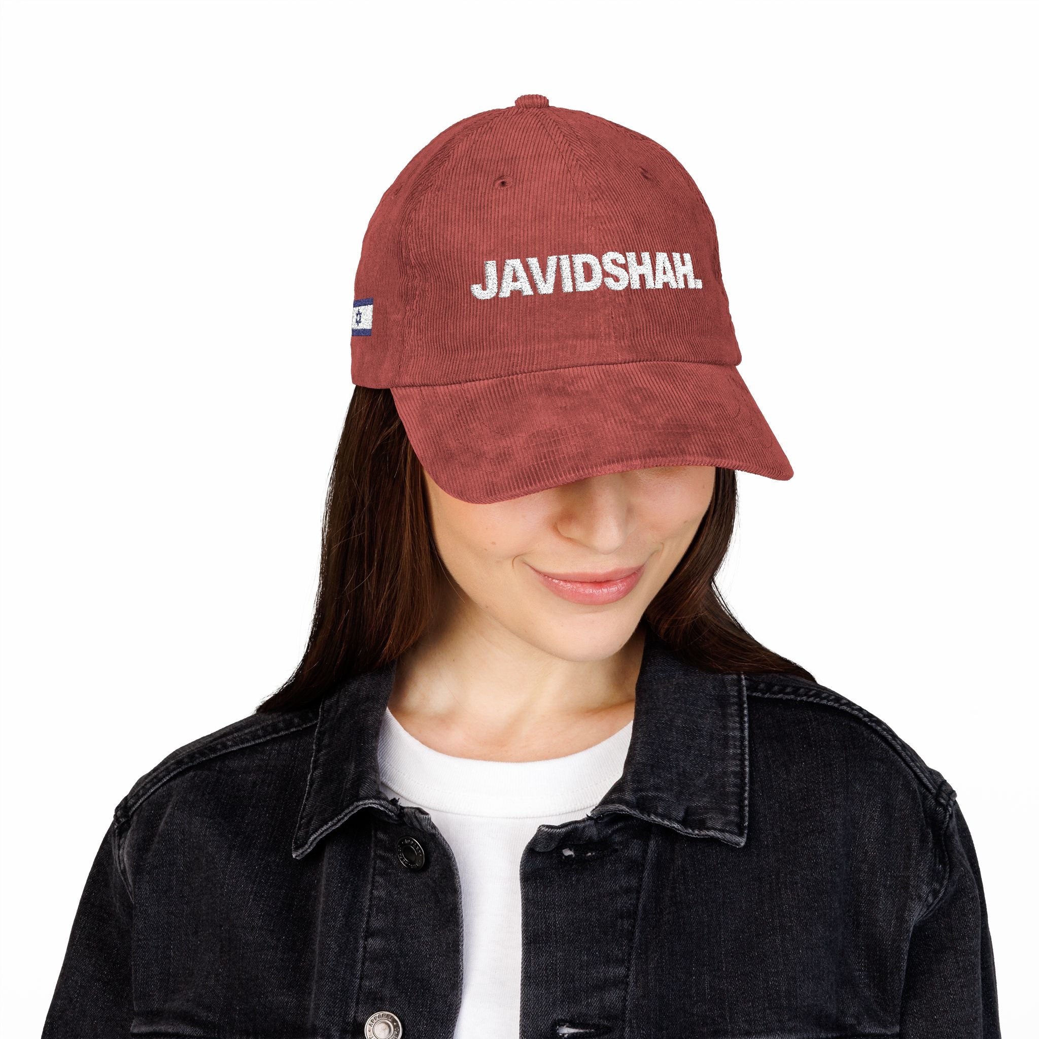 Vintage Corduroy Cap — Embroidered 'JAVIDSHAH.' Front with Retro Iranian Flag Patch