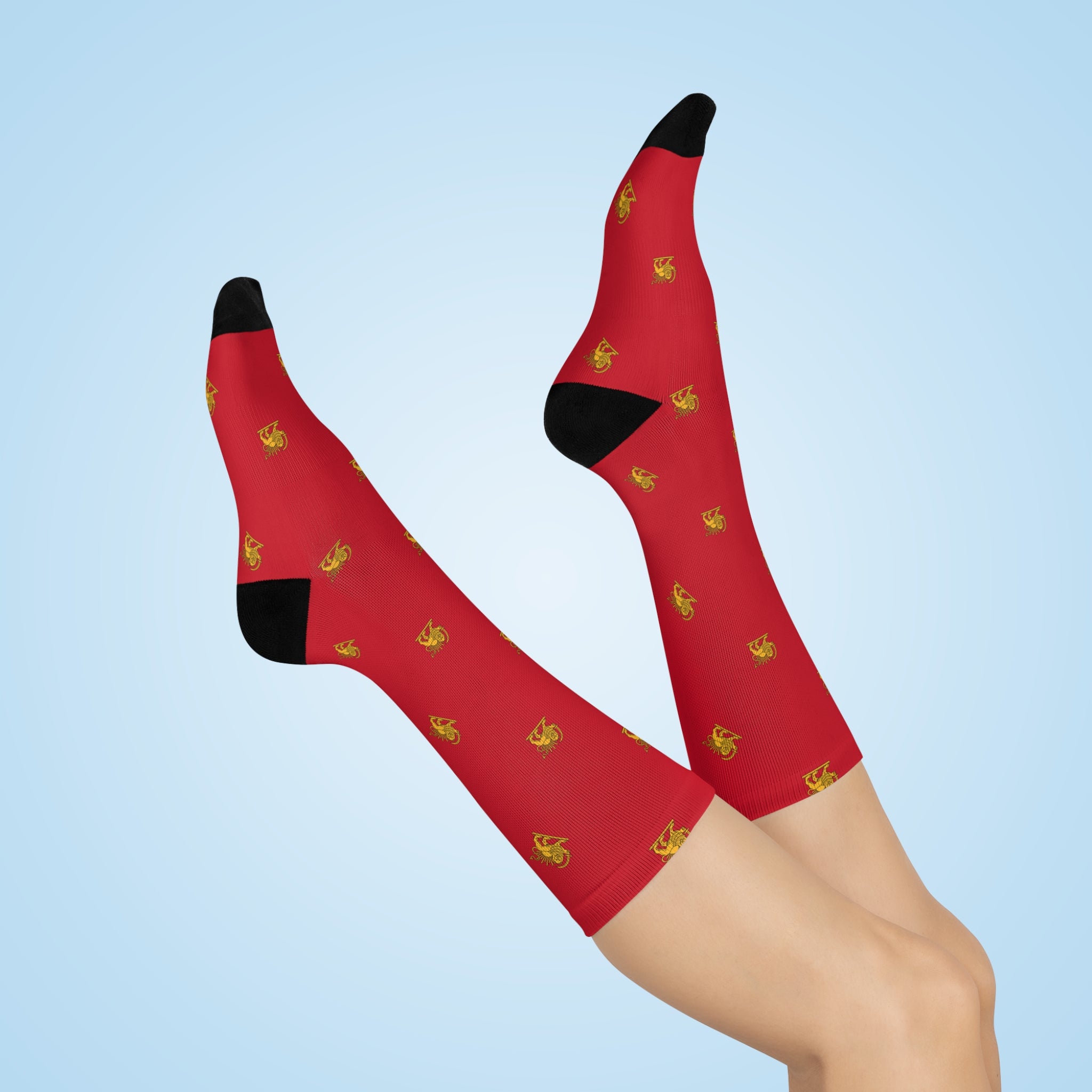 Red Crew Socks with Gold Lion and Sun Pattern — Cushioned Comfort