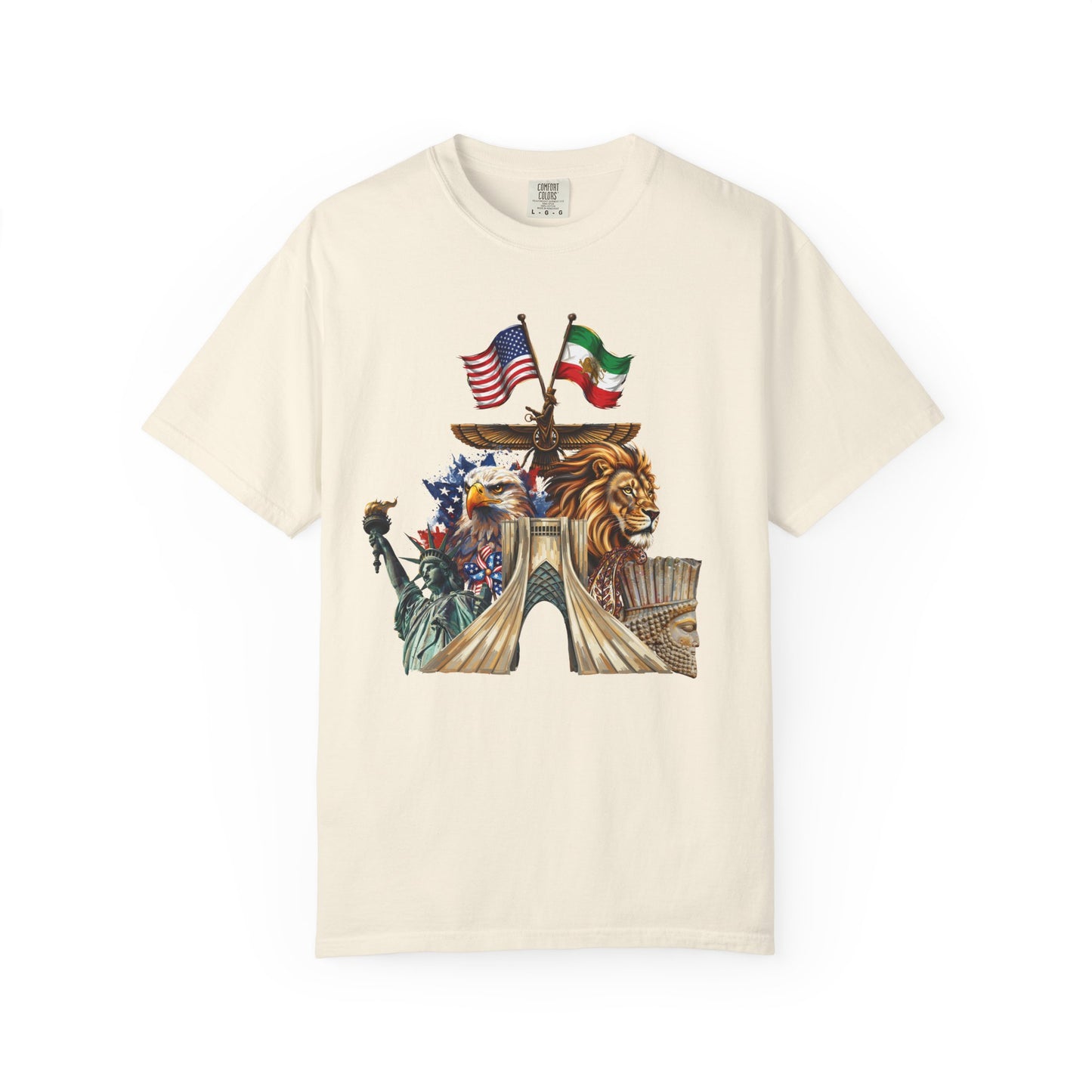 USA & Persia Collab T-Shirt - Cyrus the Great, Faravahar & Statue of Liberty Tee