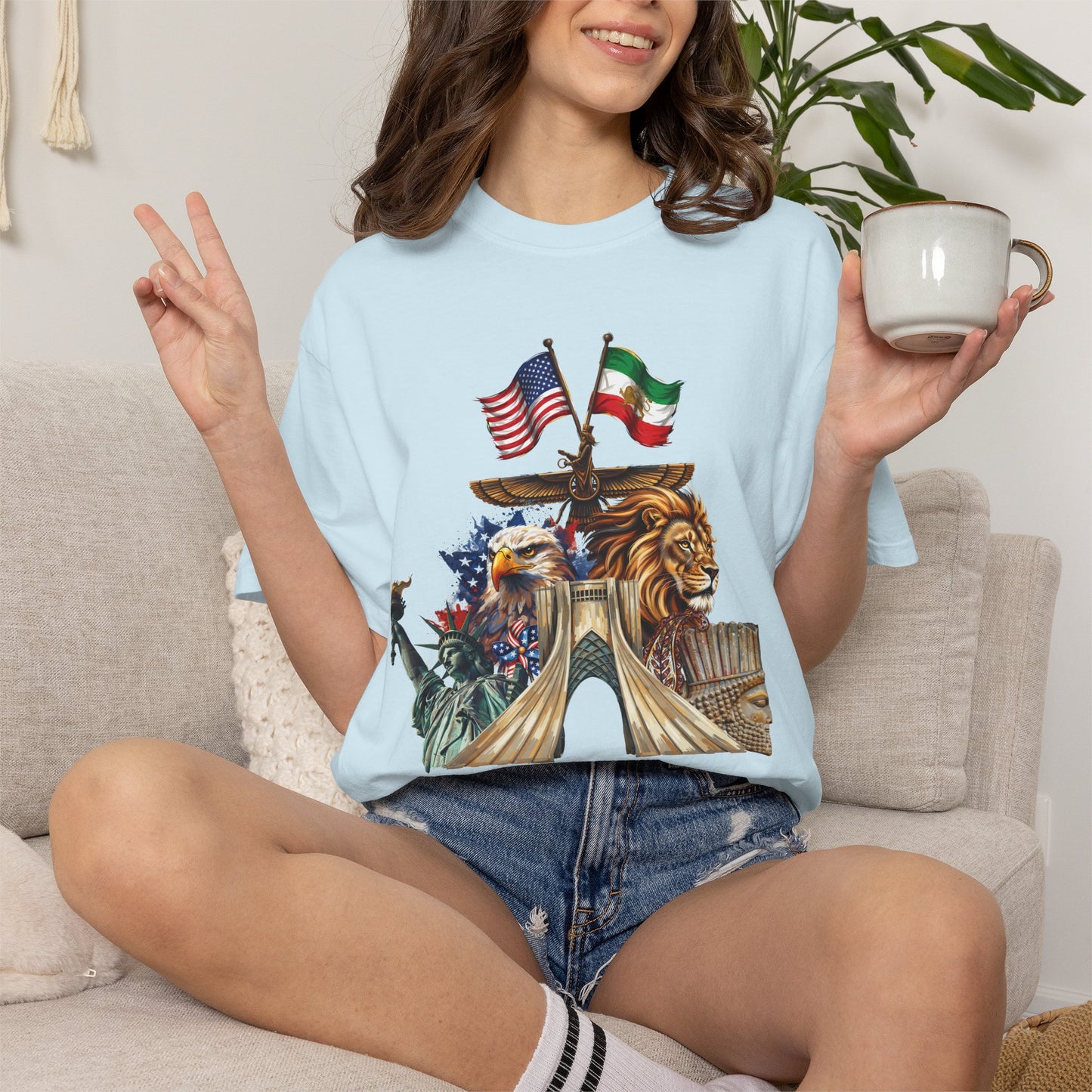 USA & Persia Collab T-Shirt - Cyrus the Great, Faravahar & Statue of Liberty Tee
