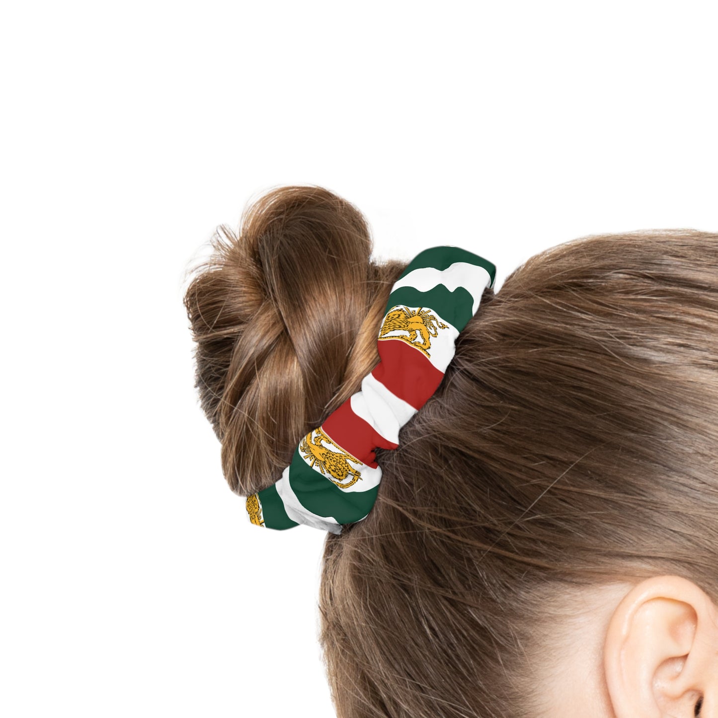 Iran Monarchy Flag Pattern Scrunchie — Green, White & Red with the Sun and Lion Patriotic Hair Tie