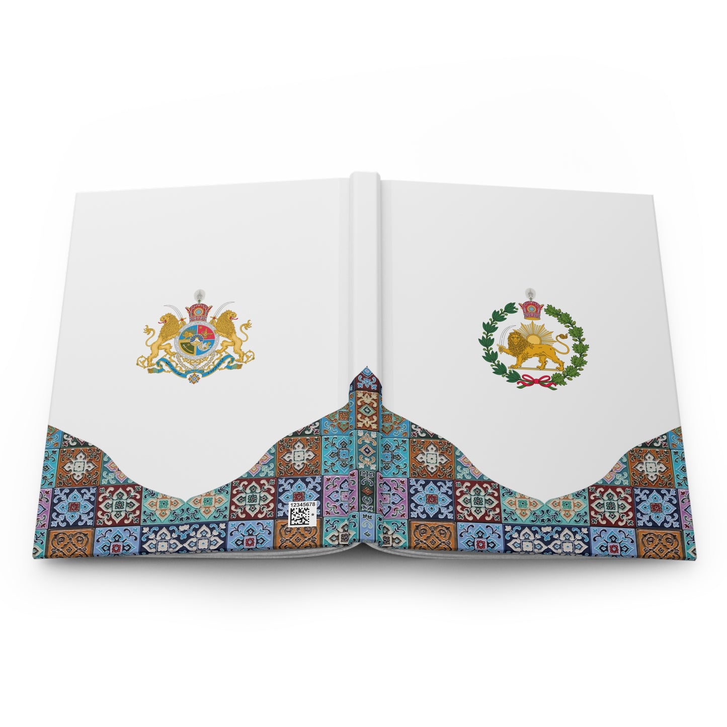 Iran Monarchy Crest with Lion & Sun Crest Hardcover Journal — Decorative Persian Tile Pattern Notebook