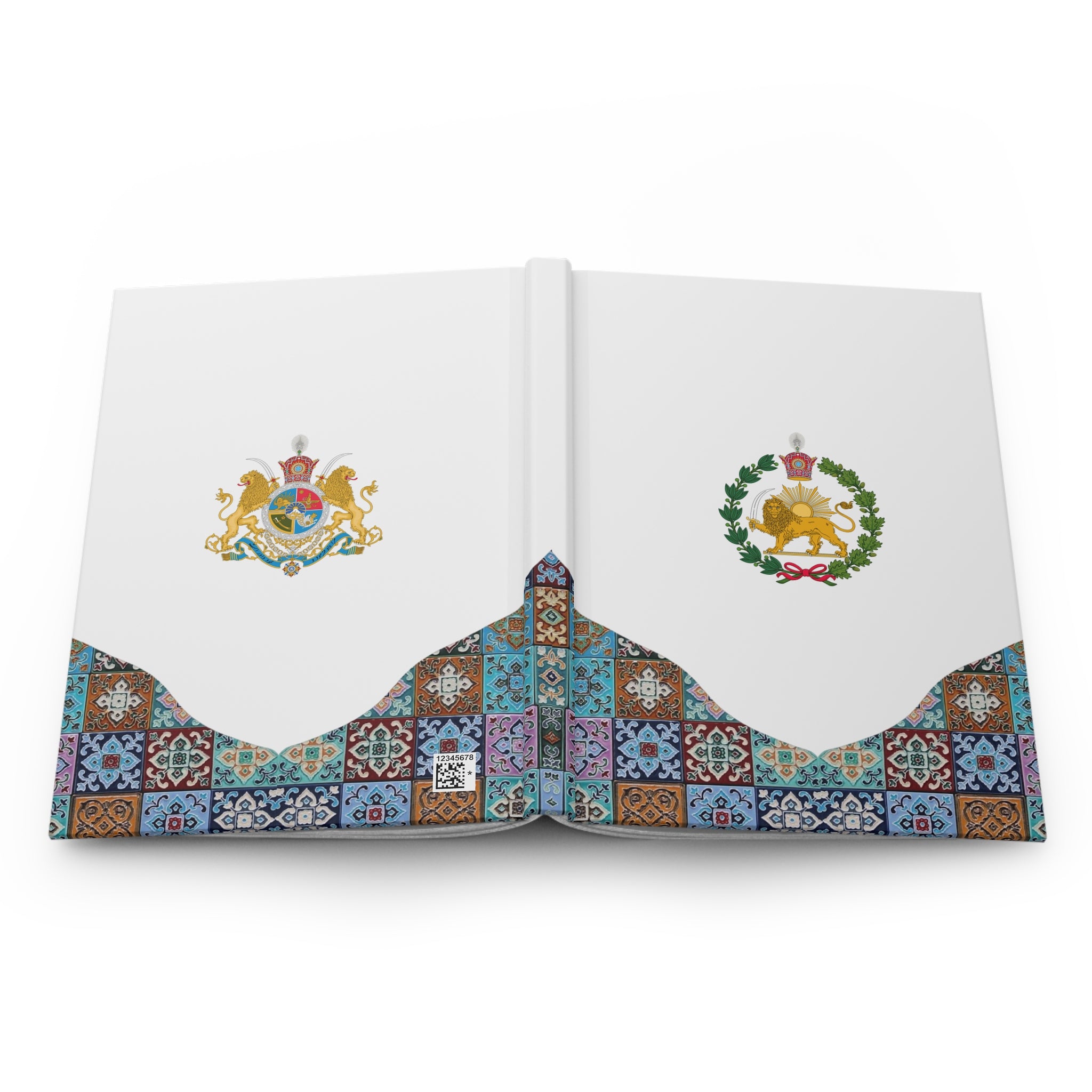 Iran Monarchy Crest with Lion & Sun Crest Hardcover Journal — Decorative Persian Tile Pattern Notebook