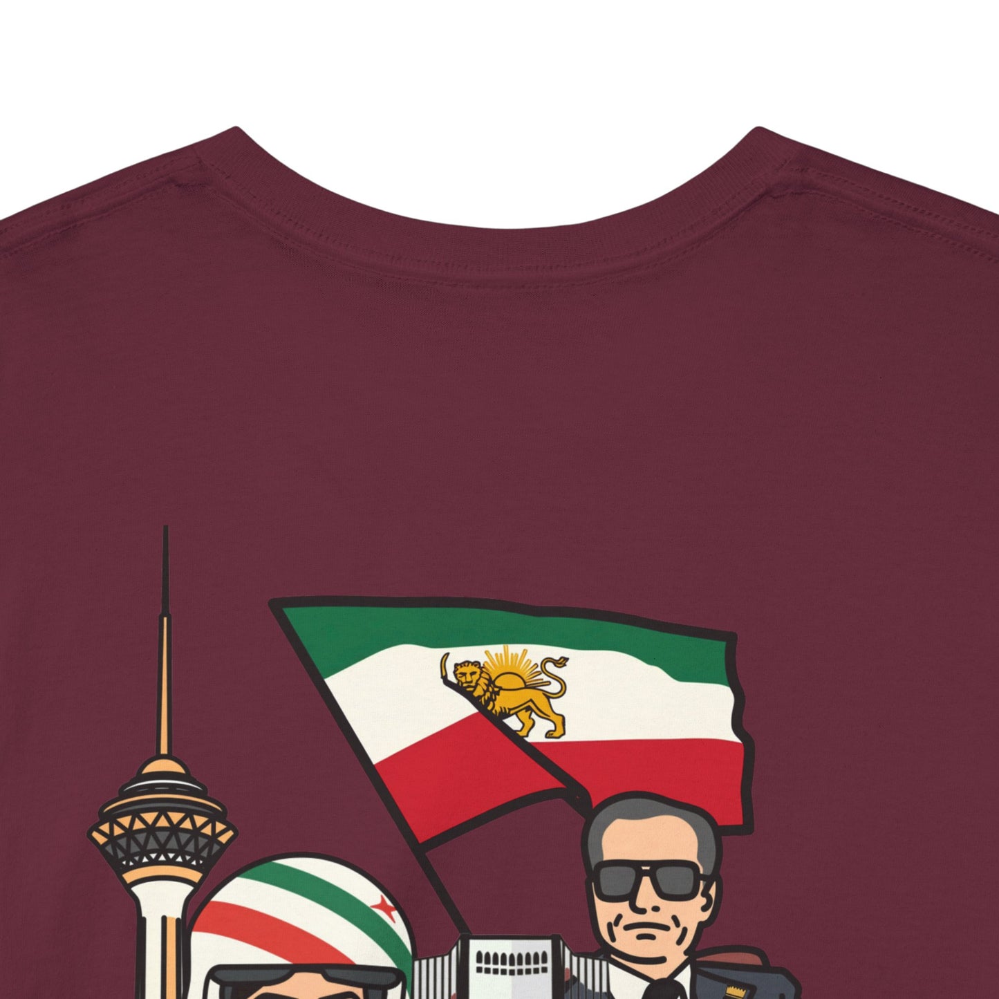 Iran Cute Chibi Style Collage Graphic Tee — Shah, Prince Reza Pahlavi & Iran Landmarks Travel T-Shirt