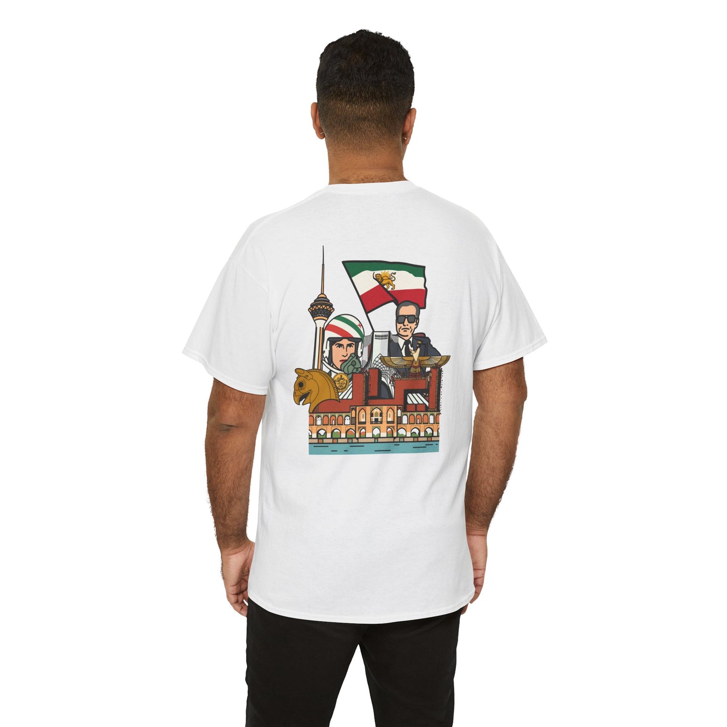 Iran Cute Chibi Style Collage Graphic Tee — Shah, Prince Reza Pahlavi & Iran Landmarks Travel T-Shirt