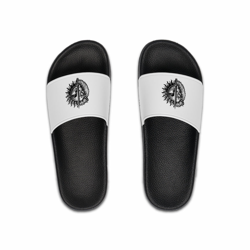 Men's Slide Sandals — Black & White Lion and Sun Sketch Crest Slides