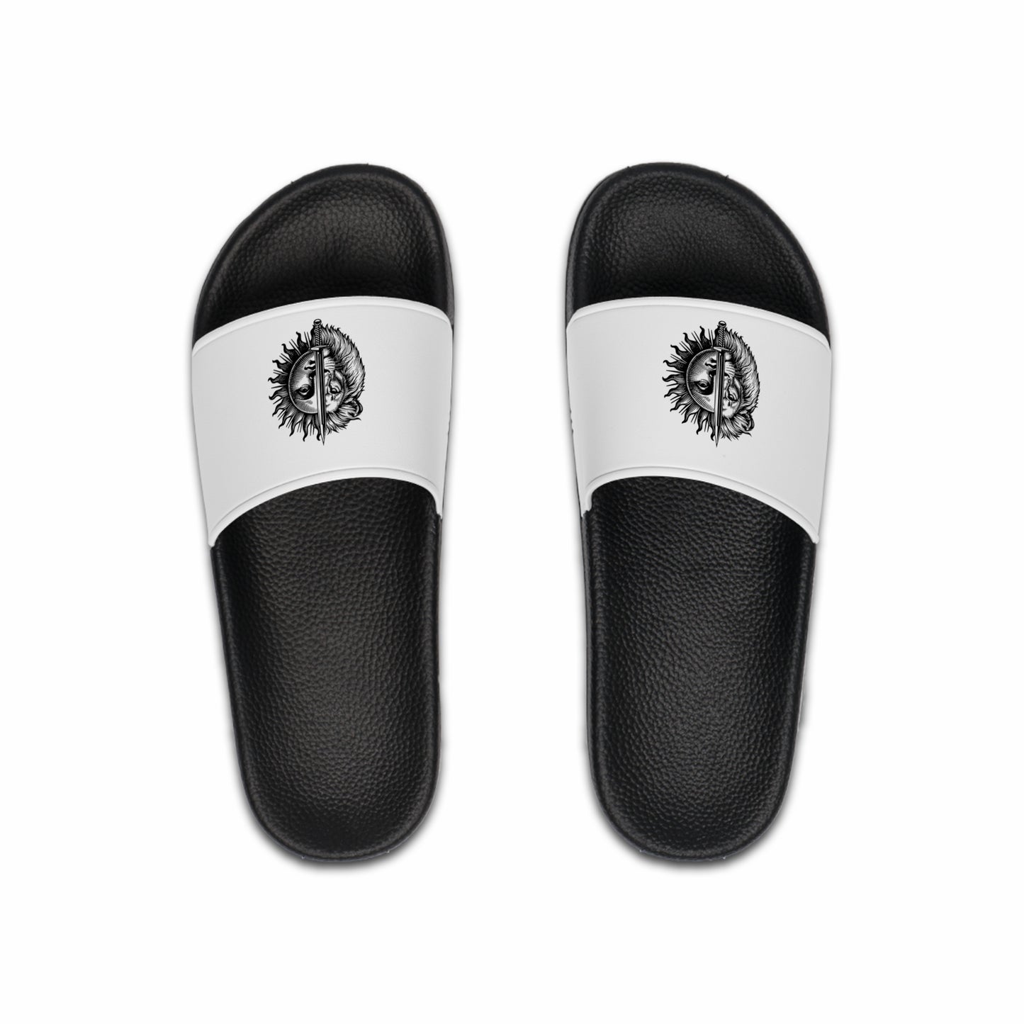 Men's Slide Sandals — Black & White Lion and Sun Sketch Crest Slides