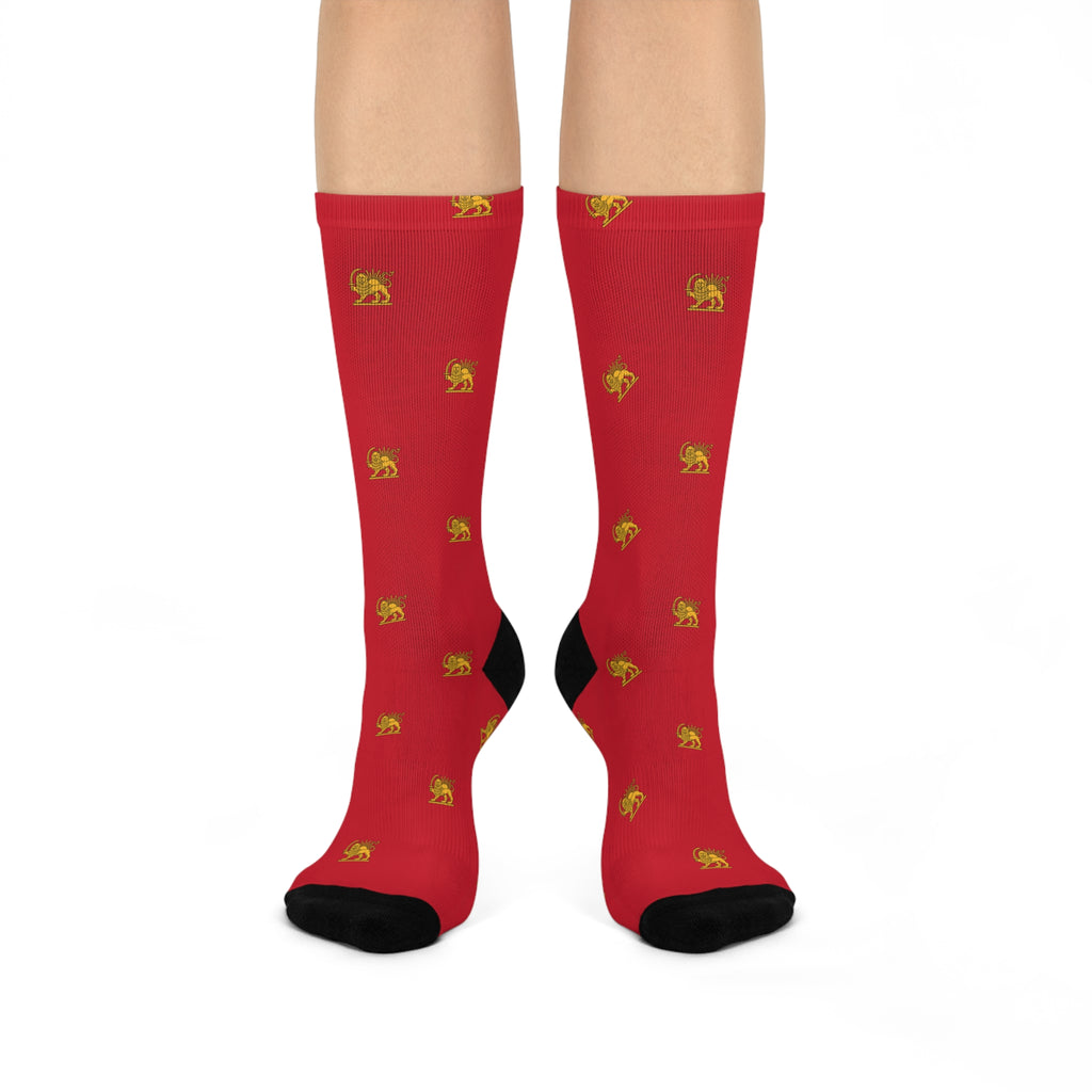 Red Crew Socks with Gold Lion and Sun Pattern — Cushioned Comfort