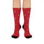 Red Crew Socks with Gold Lion and Sun Pattern — Cushioned Comfort
