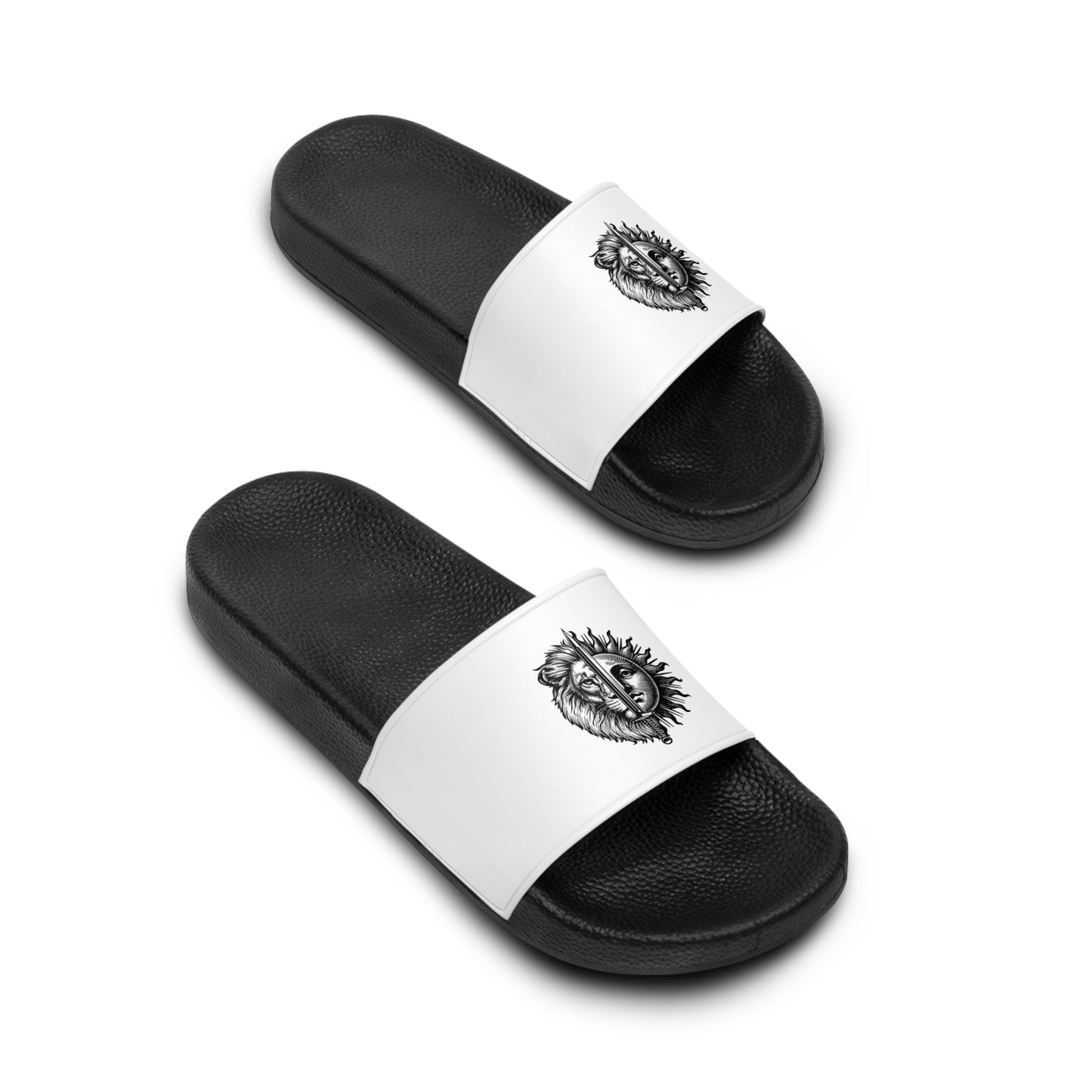 Men's Slide Sandals — Black & White Lion and Sun Sketch Crest Slides